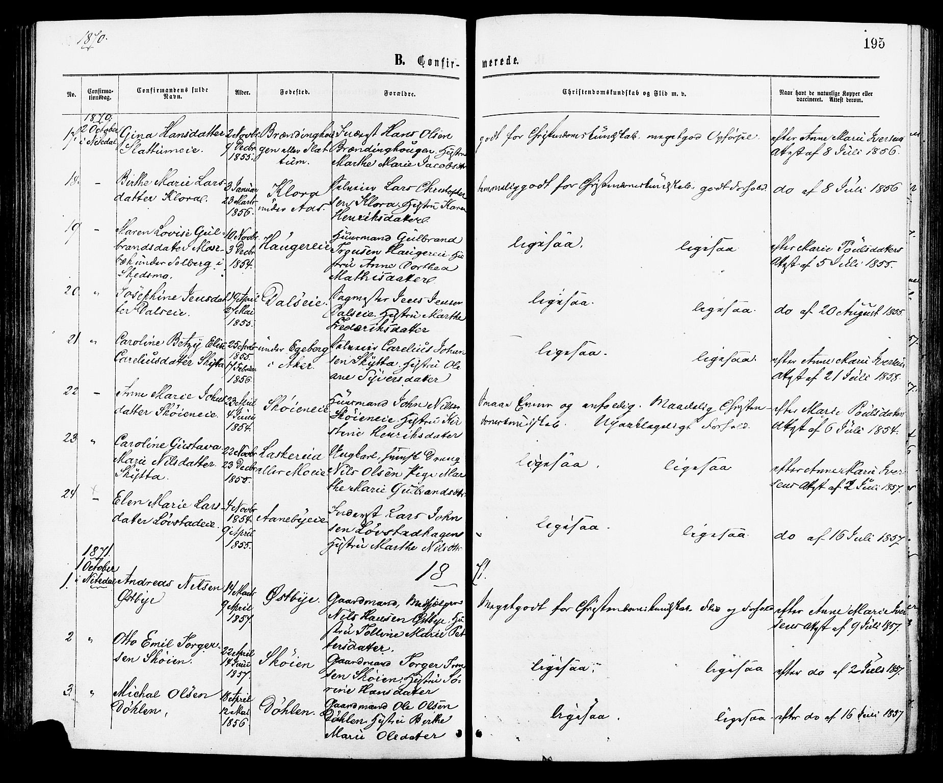 Nittedal prestekontor Kirkebøker, AV/SAO-A-10365a/F/Fa/L0006: Parish register (official) no. I 6, 1863-1878, p. 195