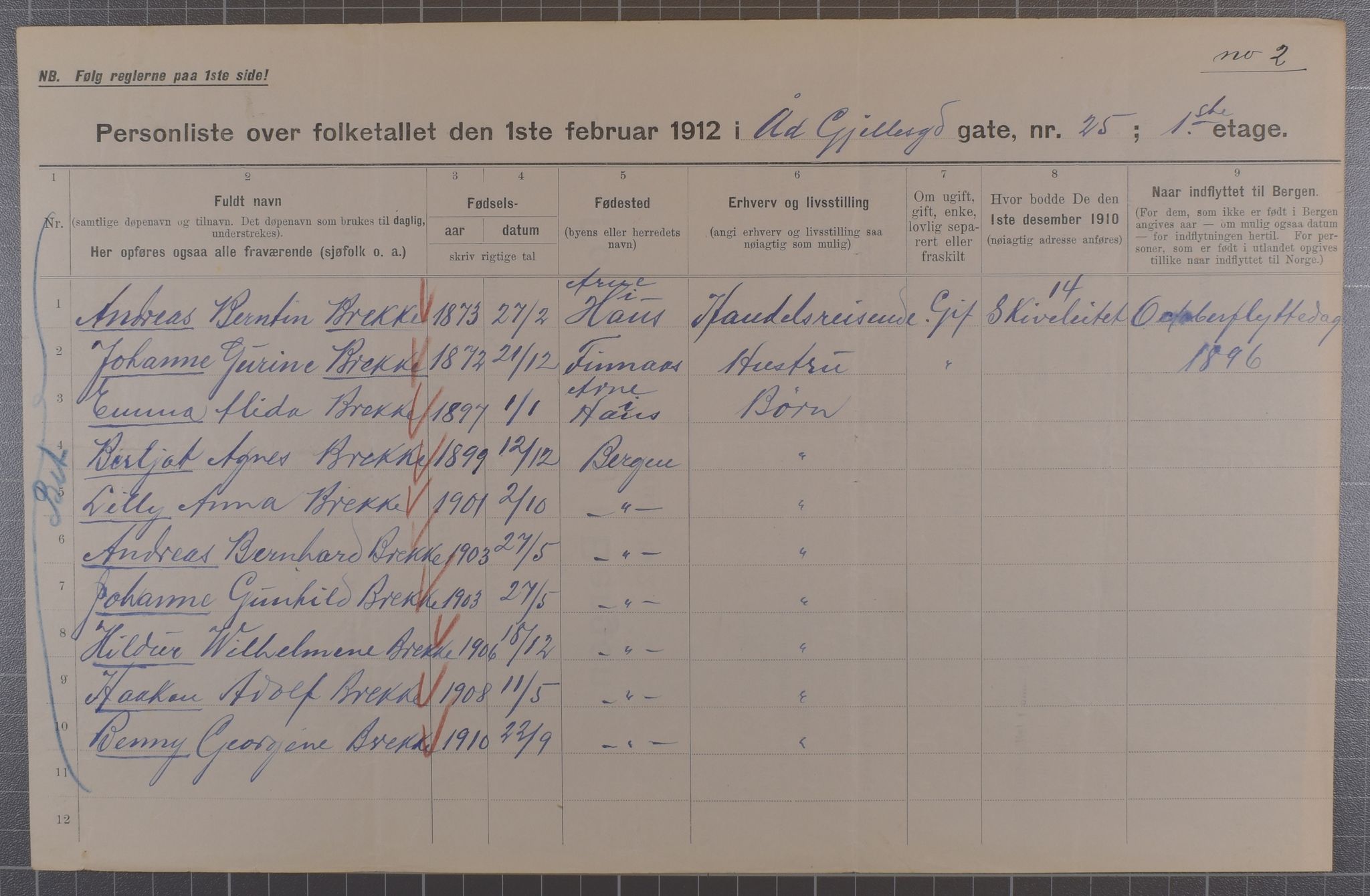 SAB, Municipal Census 1912 for Bergen, 1912, p. 174