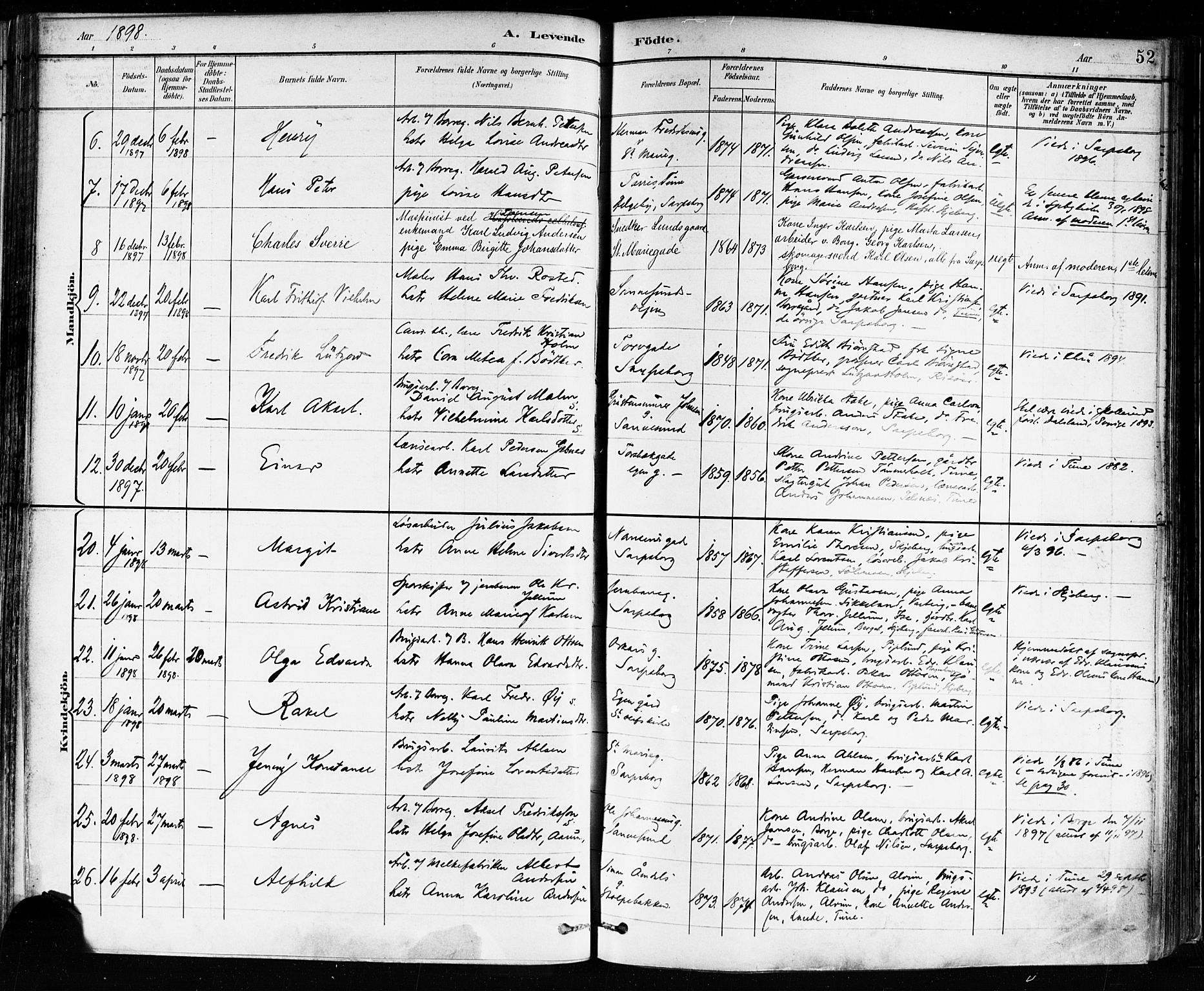 Sarpsborg prestekontor Kirkebøker, AV/SAO-A-2006/F/Fa/L0004: Parish register (official) no. 4, 1892-1899, p. 52