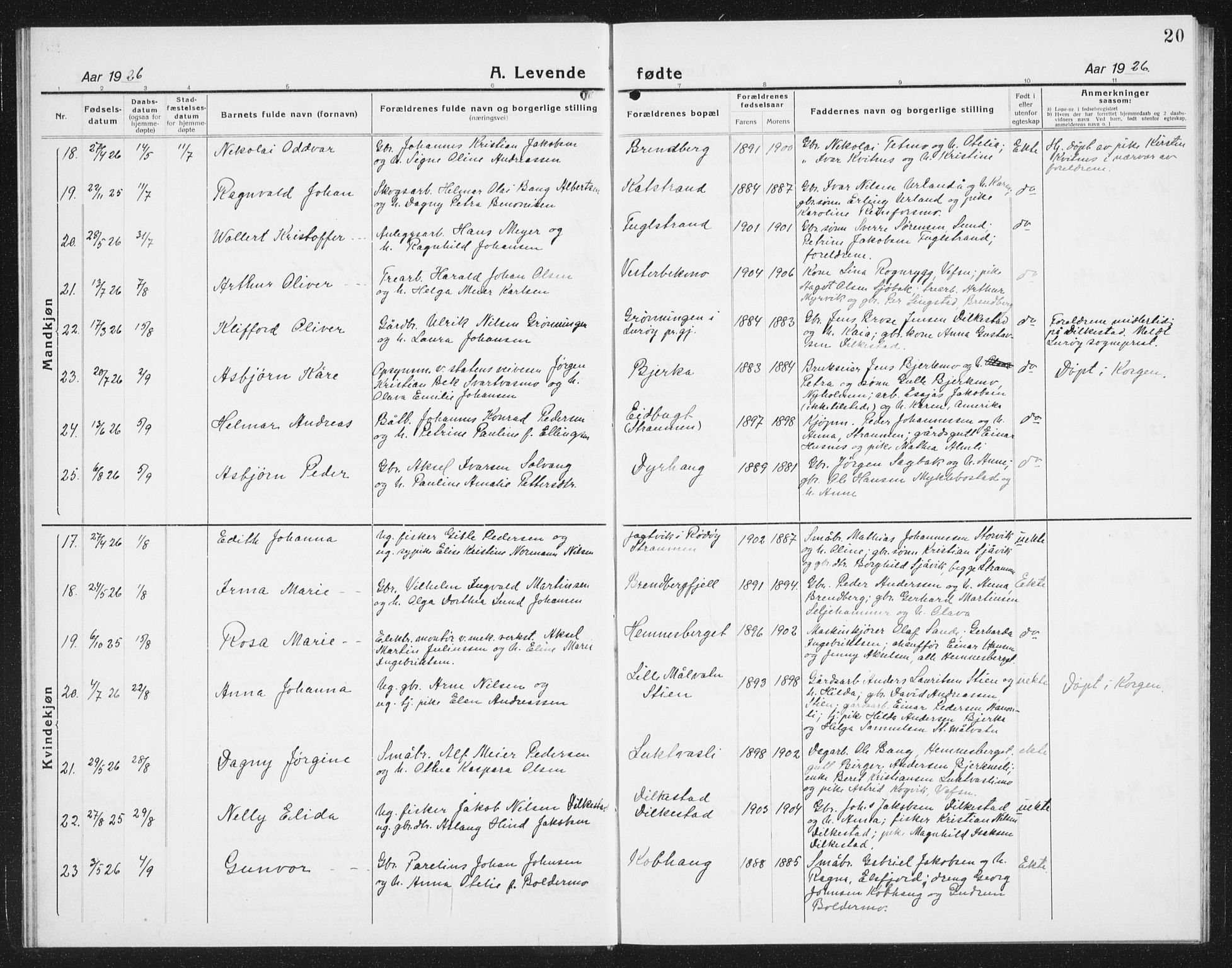 Ministerialprotokoller, klokkerbøker og fødselsregistre - Nordland, AV/SAT-A-1459/825/L0372: Parish register (copy) no. 825C09, 1923-1940, p. 20