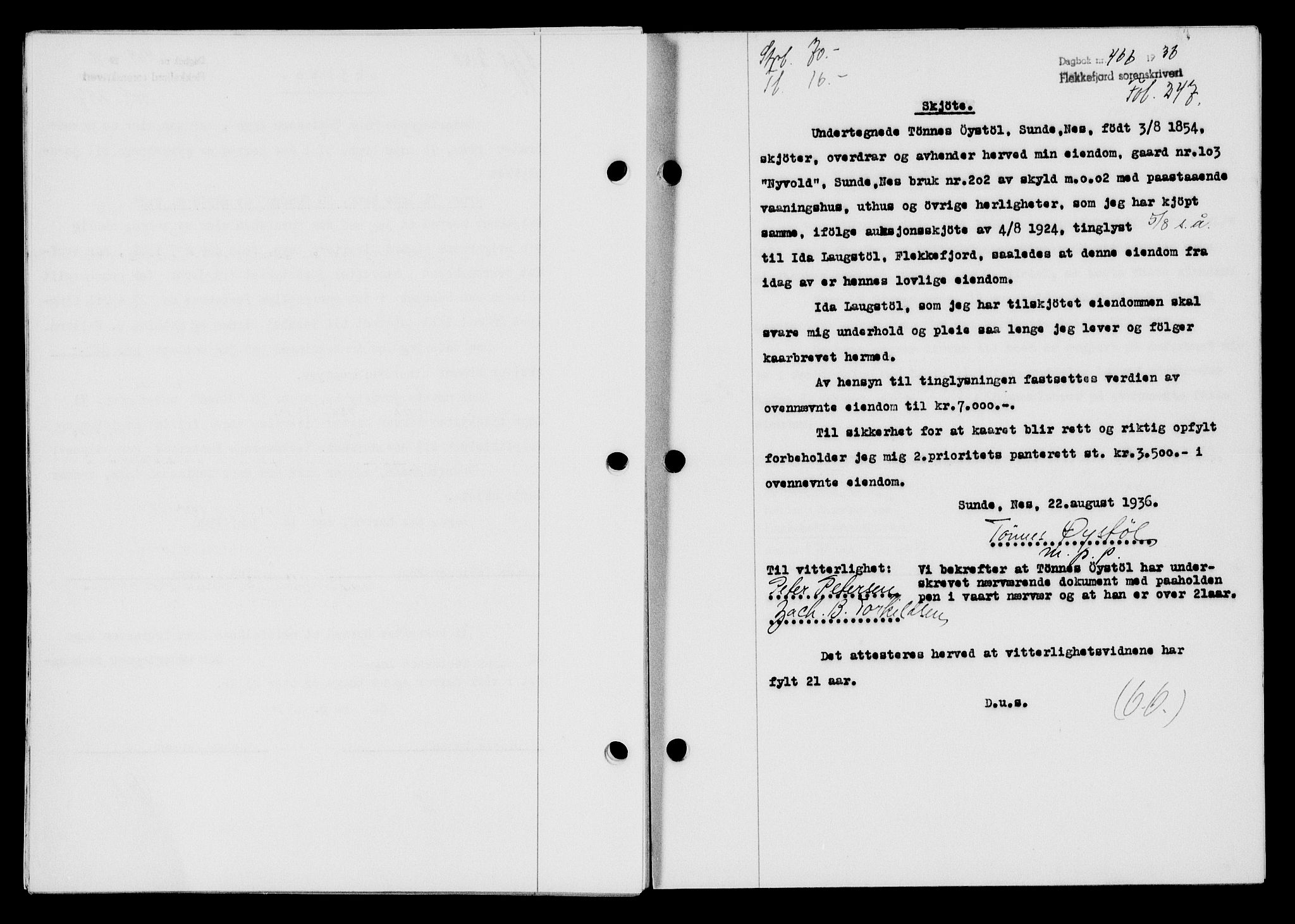 Flekkefjord sorenskriveri, SAK/1221-0001/G/Gb/Gba/L0053: Mortgage book no. A-1, 1936-1937, Diary no: : 466/1936