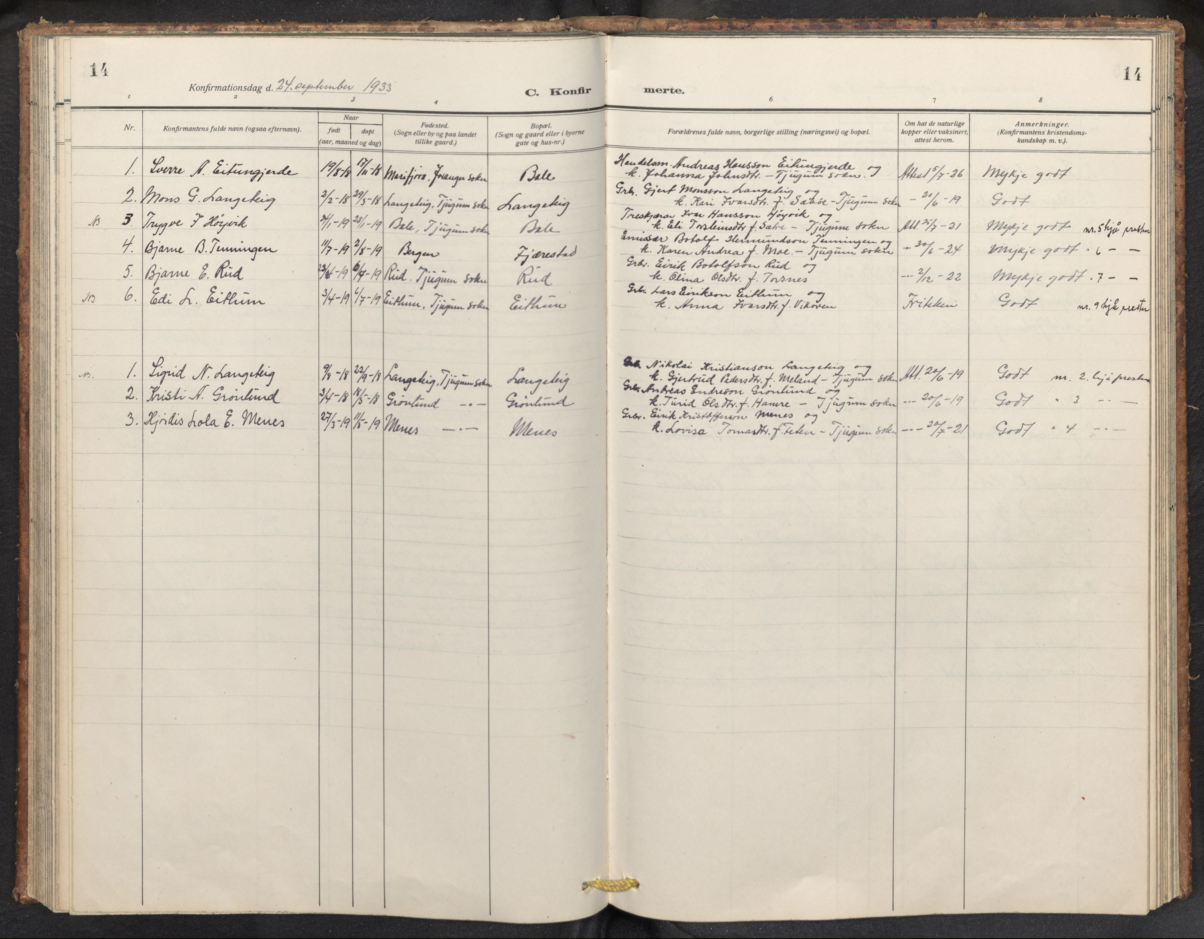 Balestrand sokneprestembete, AV/SAB-A-79601/H/Hab/Haba/L0003: Parish register (copy) no. A 3, 1920-1956, p. 14