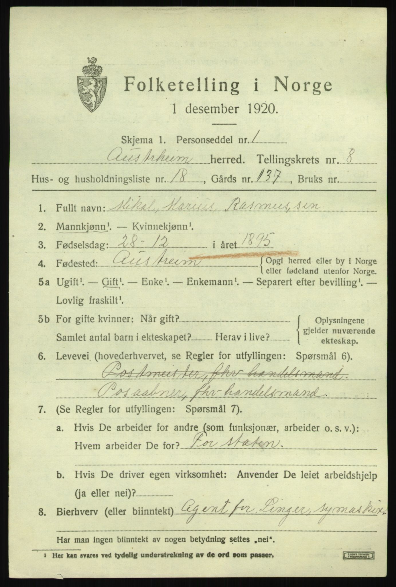 SAB, 1920 census for Austrheim, 1920, p. 3186