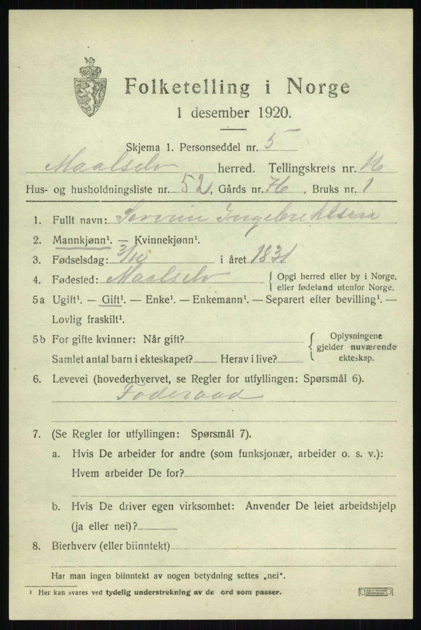 SATØ, 1920 census for Målselv, 1920, p. 8625