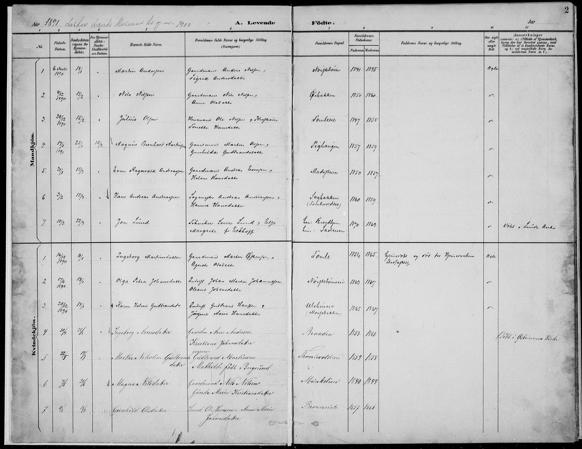 Nordre Land prestekontor, SAH/PREST-124/H/Ha/Hab/L0013: Parish register (copy) no. 13, 1891-1904, p. 2