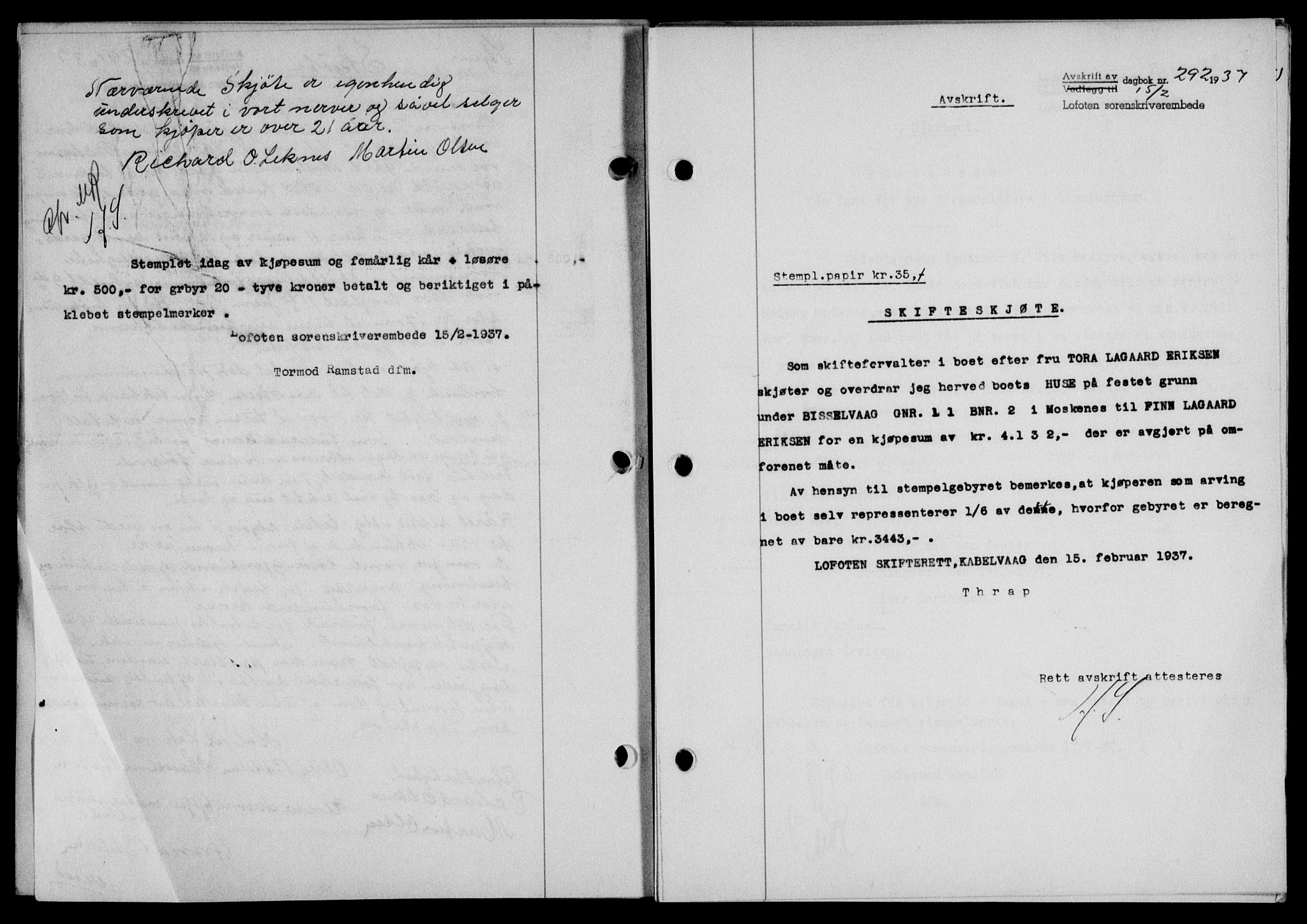 Lofoten sorenskriveri, SAT/A-0017/1/2/2C/L0001a: Mortgage book no. 1a, 1936-1937, Diary no: : 292/1937