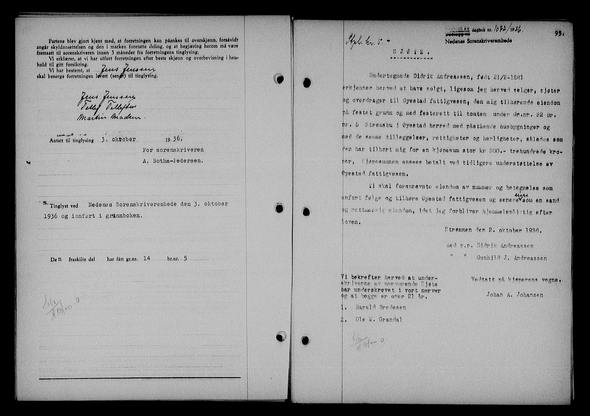 Nedenes sorenskriveri, SAK/1221-0006/G/Gb/Gba/L0043: Mortgage book no. 39, 1936-1937, Diary no: : 1073/1936