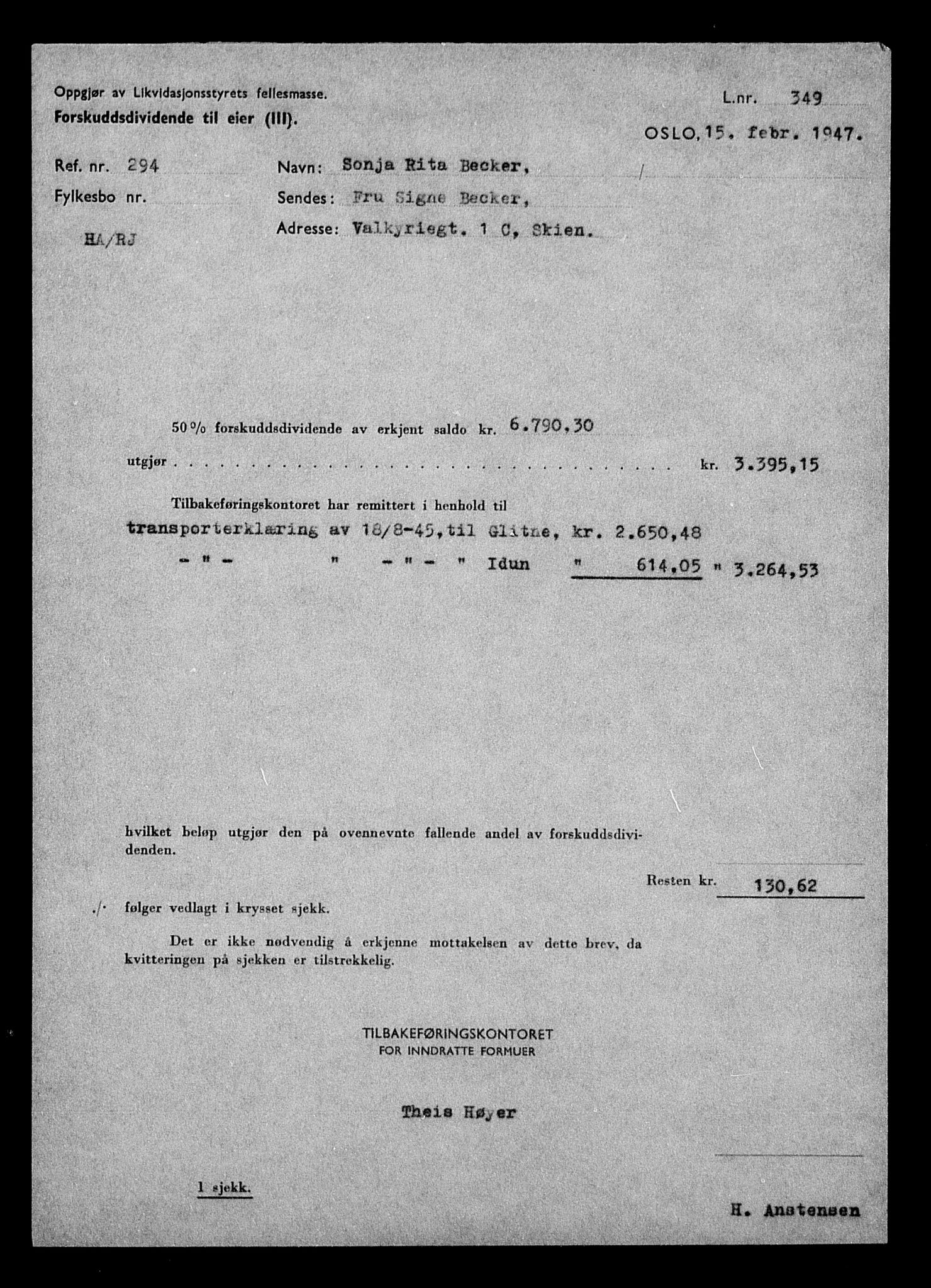 Justisdepartementet, Tilbakeføringskontoret for inndratte formuer, AV/RA-S-1564/H/Hc/Hcd/L0991: --, 1945-1947, p. 34