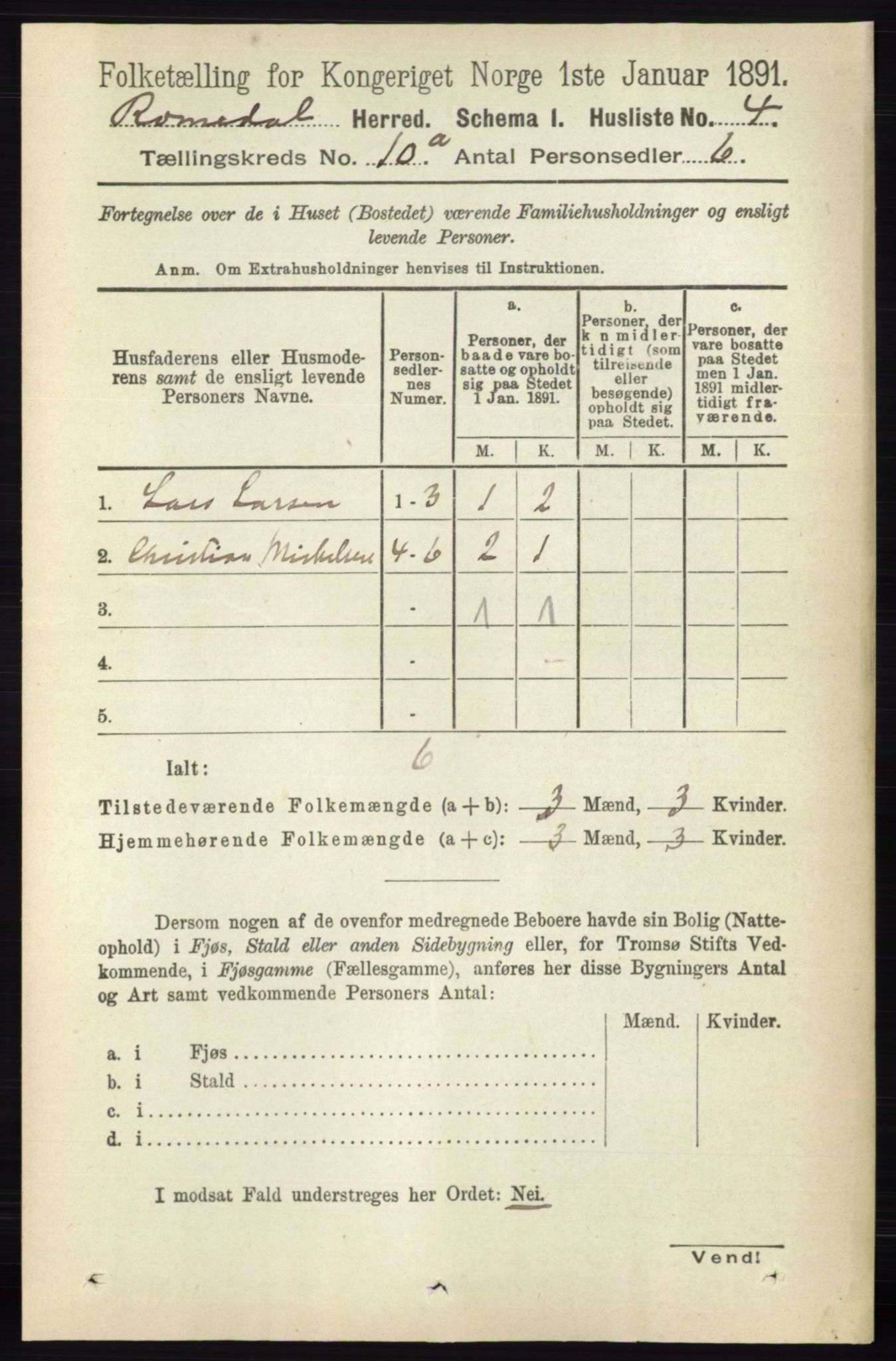 RA, 1891 census for 0416 Romedal, 1891, p. 4725