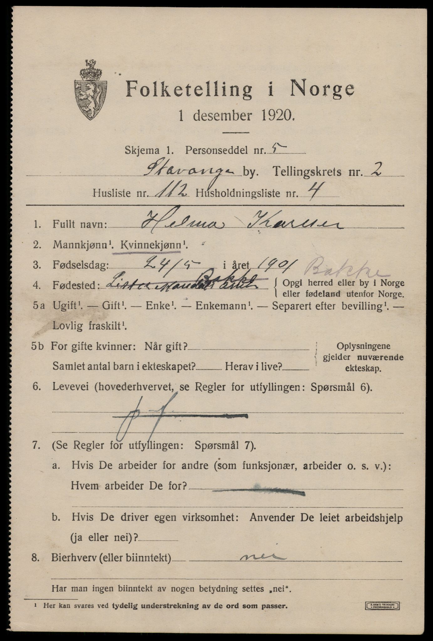 SAST, 1920 census for Stavanger, 1920, p. 35464