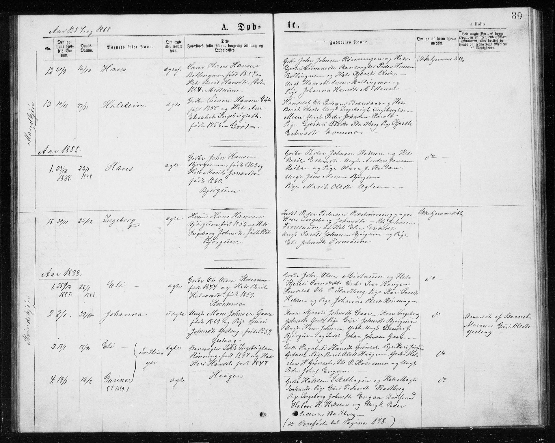 Ministerialprotokoller, klokkerbøker og fødselsregistre - Sør-Trøndelag, SAT/A-1456/685/L0977: Parish register (copy) no. 685C02, 1879-1890, p. 39