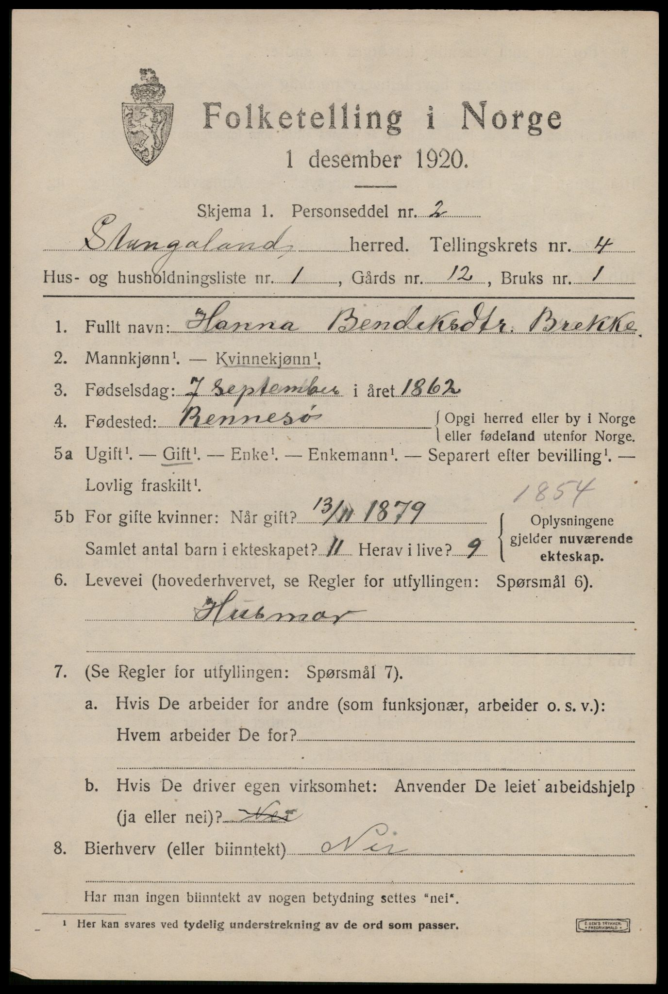 SAST, 1920 census for Stangaland, 1920, p. 2843