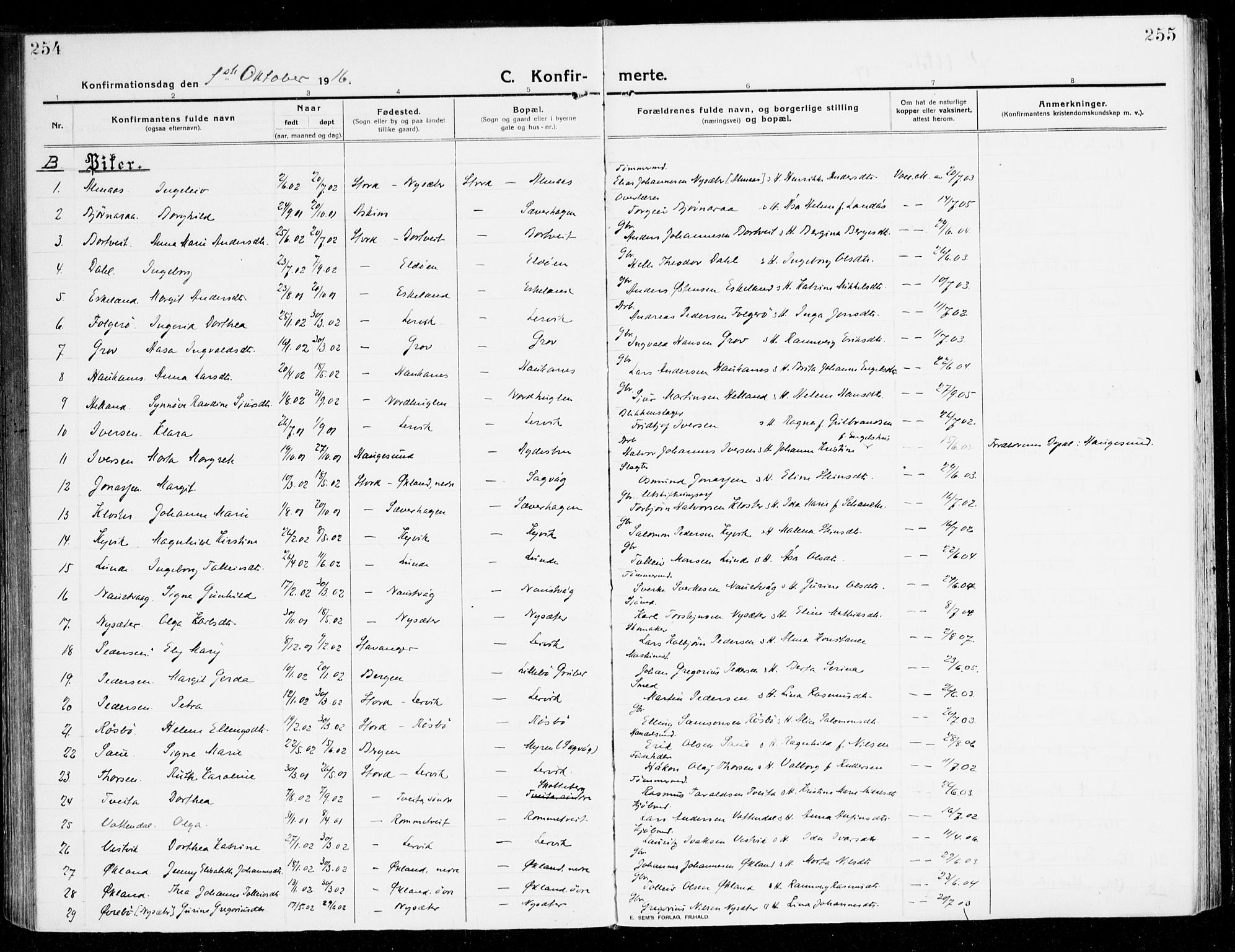 Stord sokneprestembete, AV/SAB-A-78201/H/Haa: Parish register (official) no. B 3, 1913-1925, p. 254-255