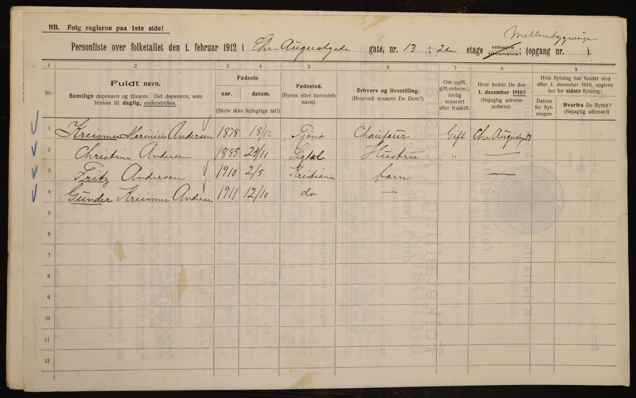 OBA, Municipal Census 1912 for Kristiania, 1912, p. 54304