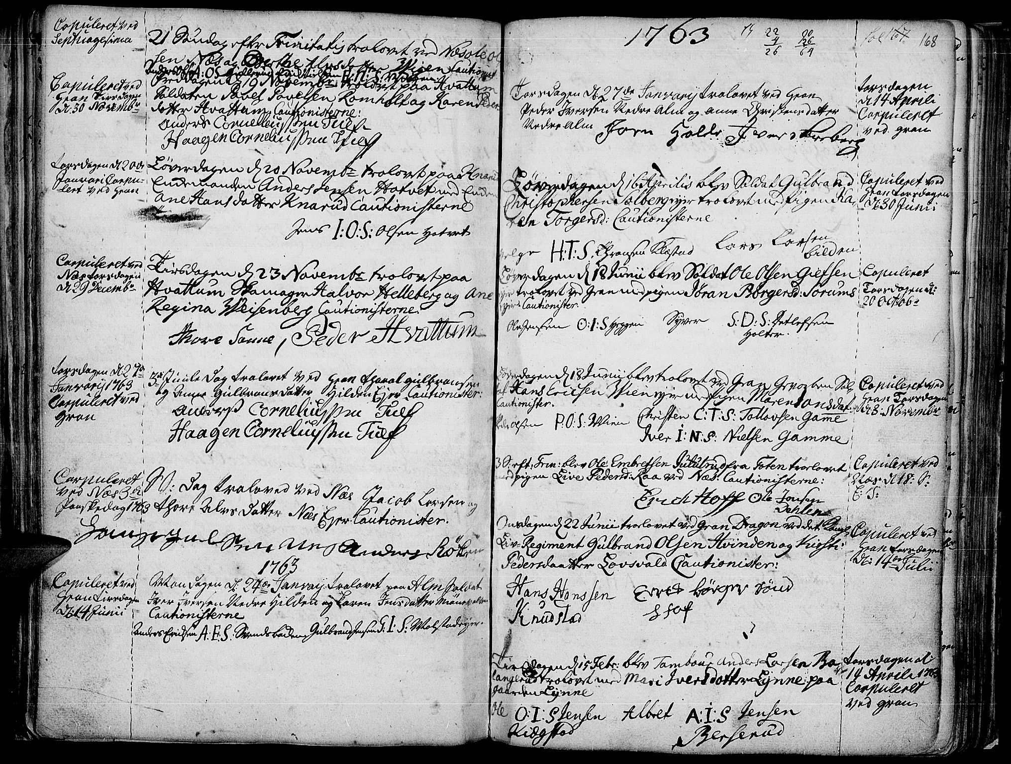 Gran prestekontor, SAH/PREST-112/H/Ha/Haa/L0004: Parish register (official) no. 4, 1759-1775, p. 168
