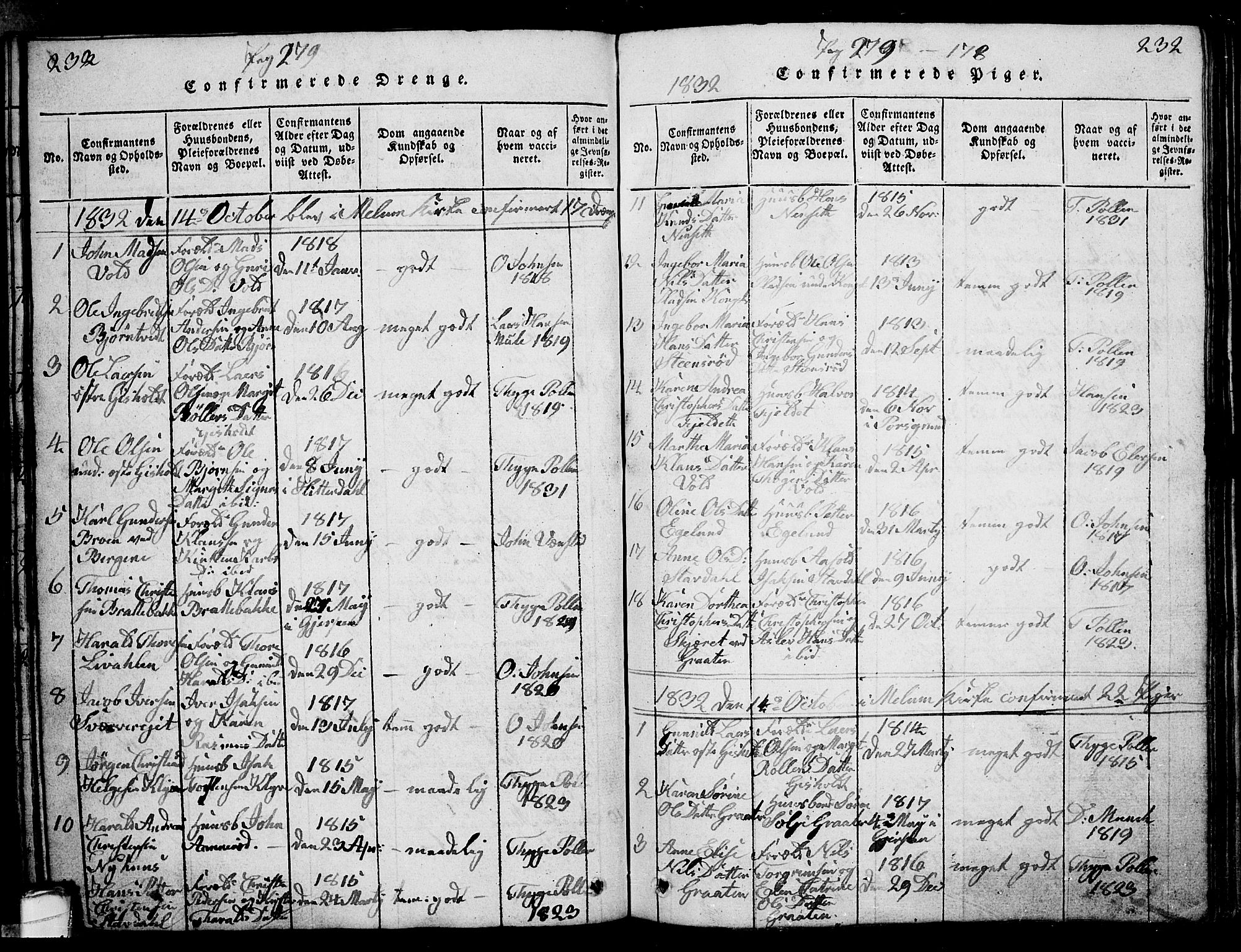 Solum kirkebøker, SAKO/A-306/G/Ga/L0001: Parish register (copy) no. I 1, 1814-1833, p. 232