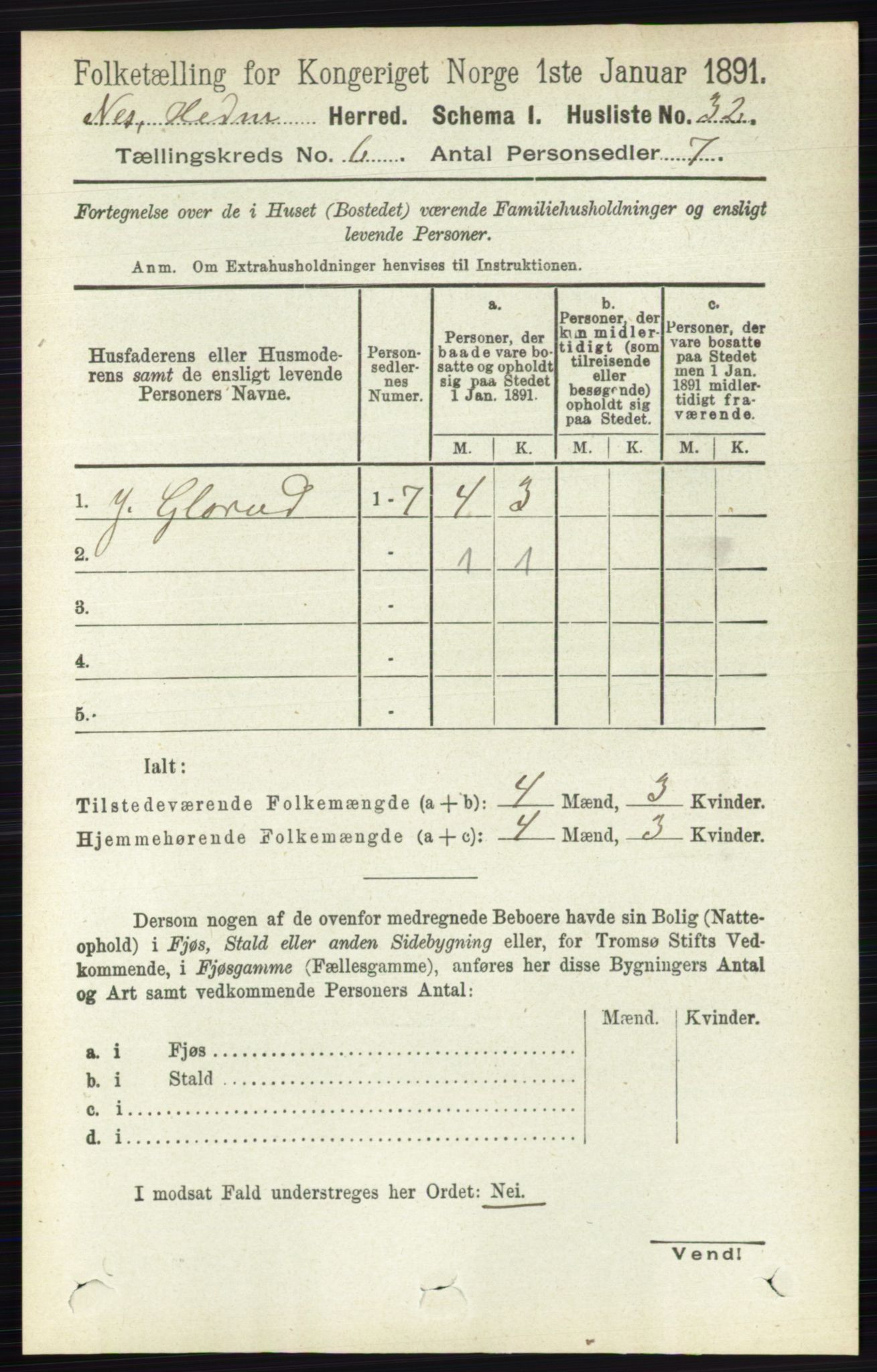 RA, 1891 census for 0411 Nes, 1891, p. 3200