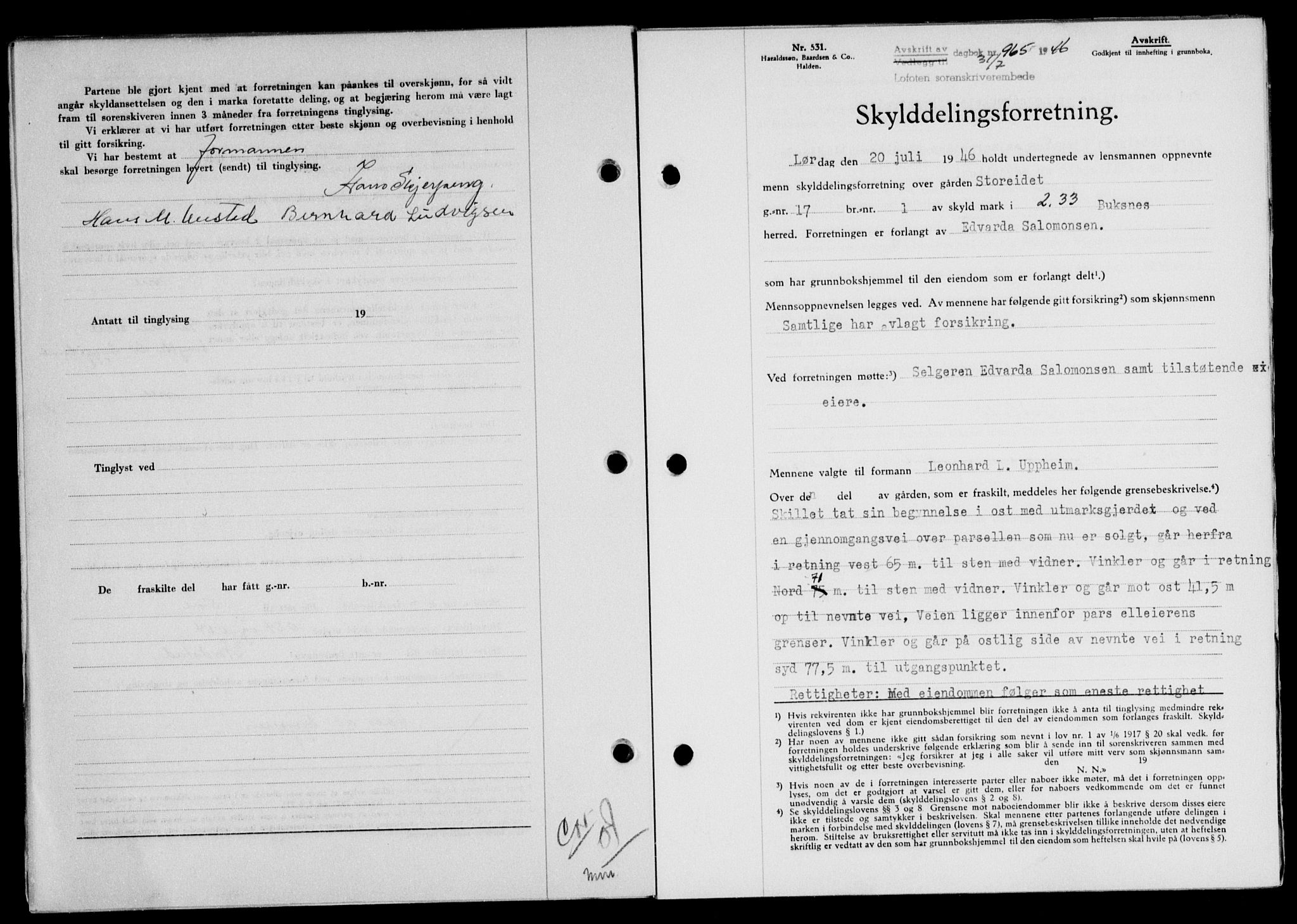 Lofoten sorenskriveri, SAT/A-0017/1/2/2C/L0014a: Mortgage book no. 14a, 1946-1946, Diary no: : 965/1946