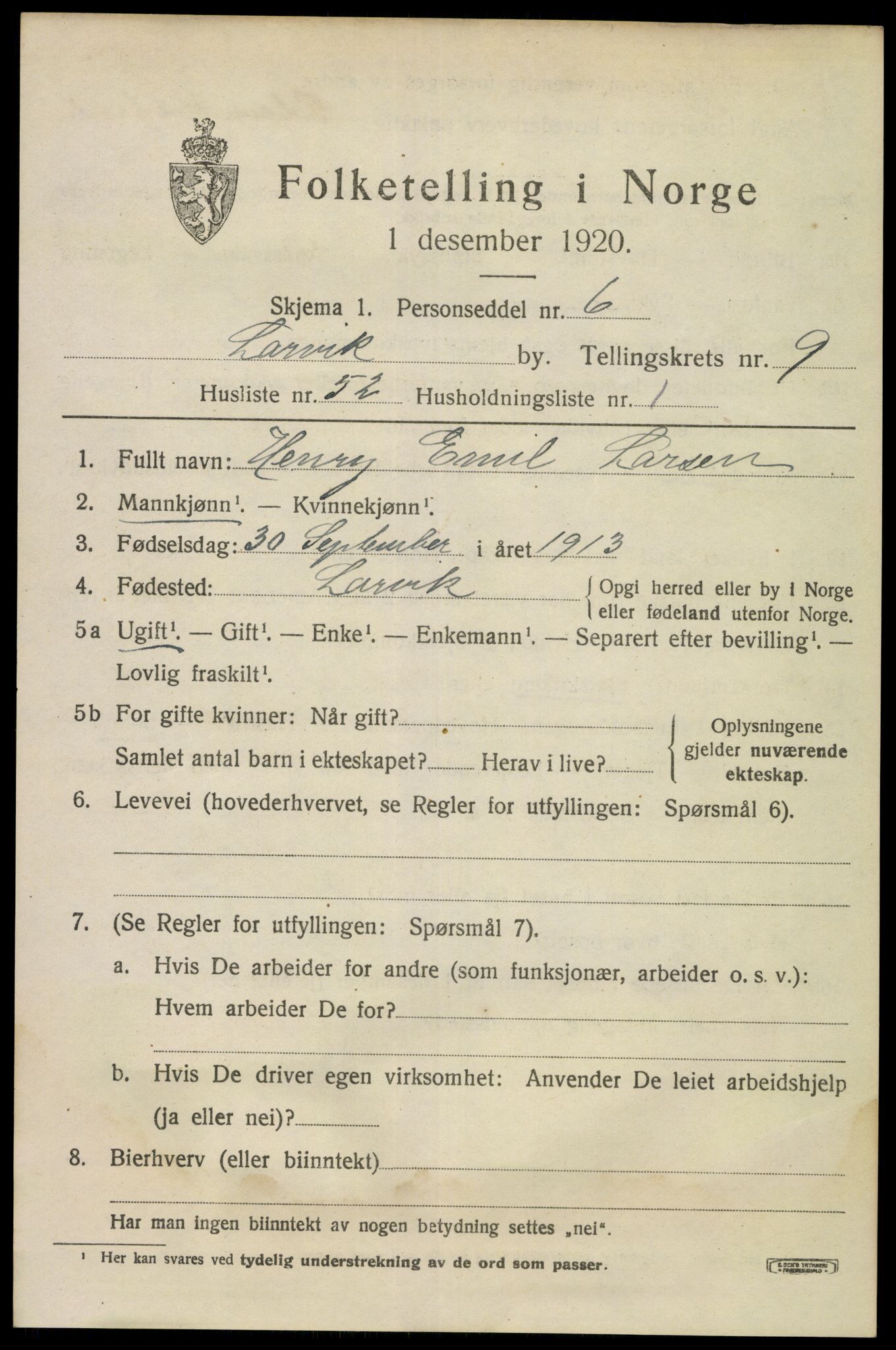 SAKO, 1920 census for Larvik, 1920, p. 25562