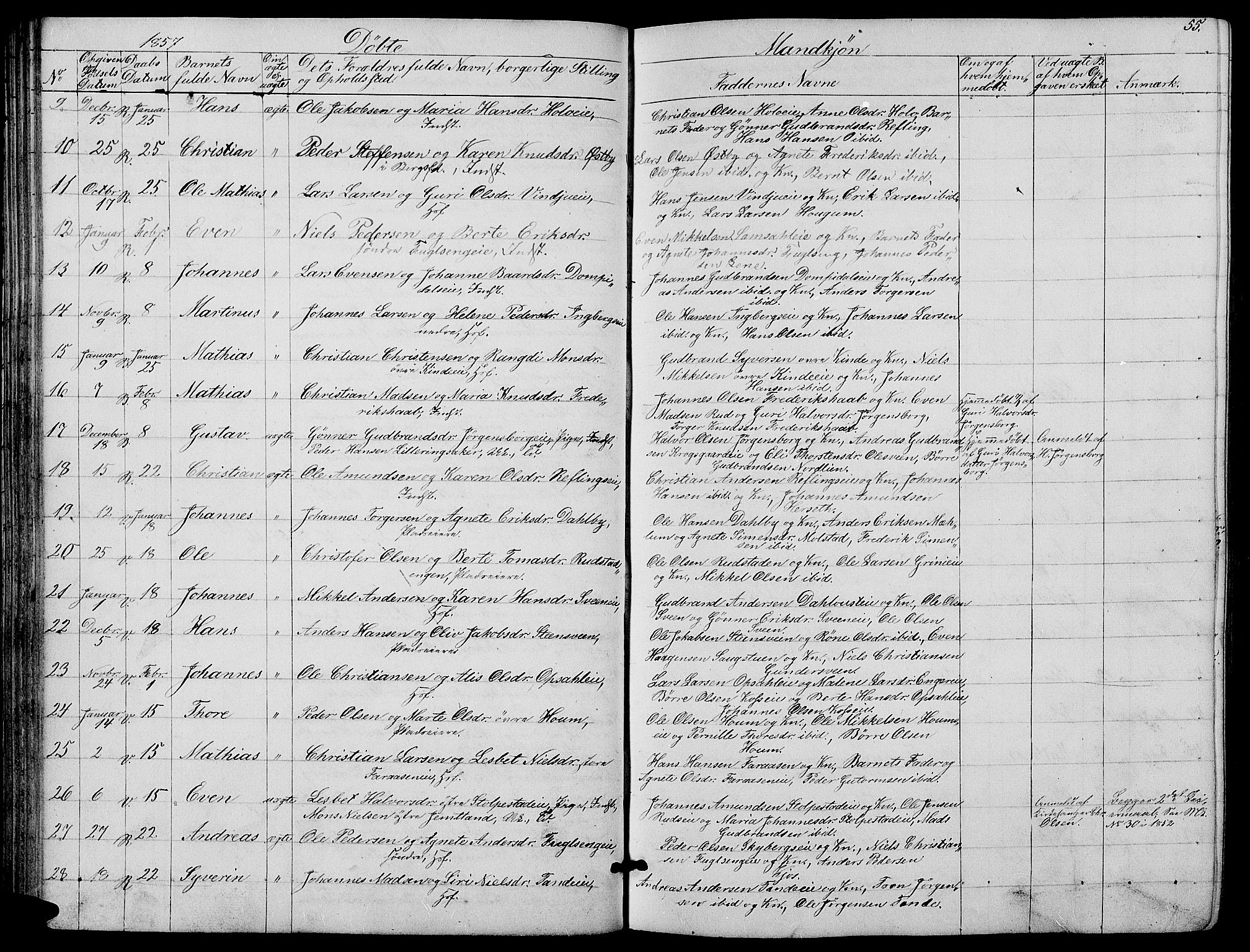 Ringsaker prestekontor, AV/SAH-PREST-014/L/La/L0006: Parish register (copy) no. 6, 1851-1860, p. 55