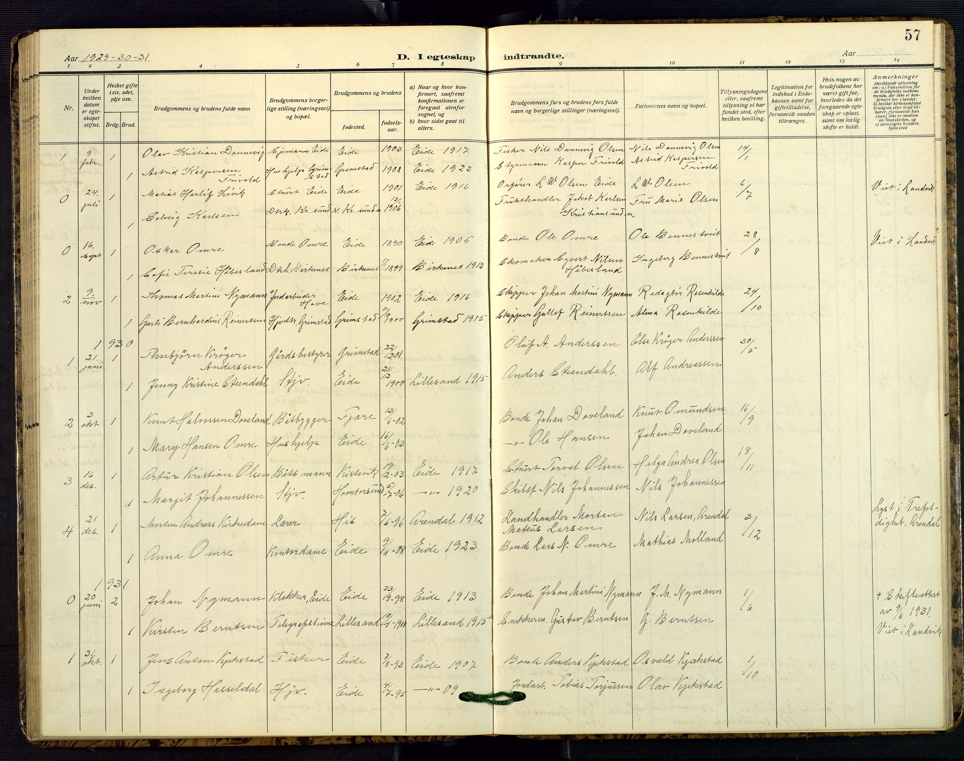 Hommedal sokneprestkontor, SAK/1111-0023/F/Fb/Fba/L0005: Parish register (copy) no. B 5, 1909-1957, p. 57