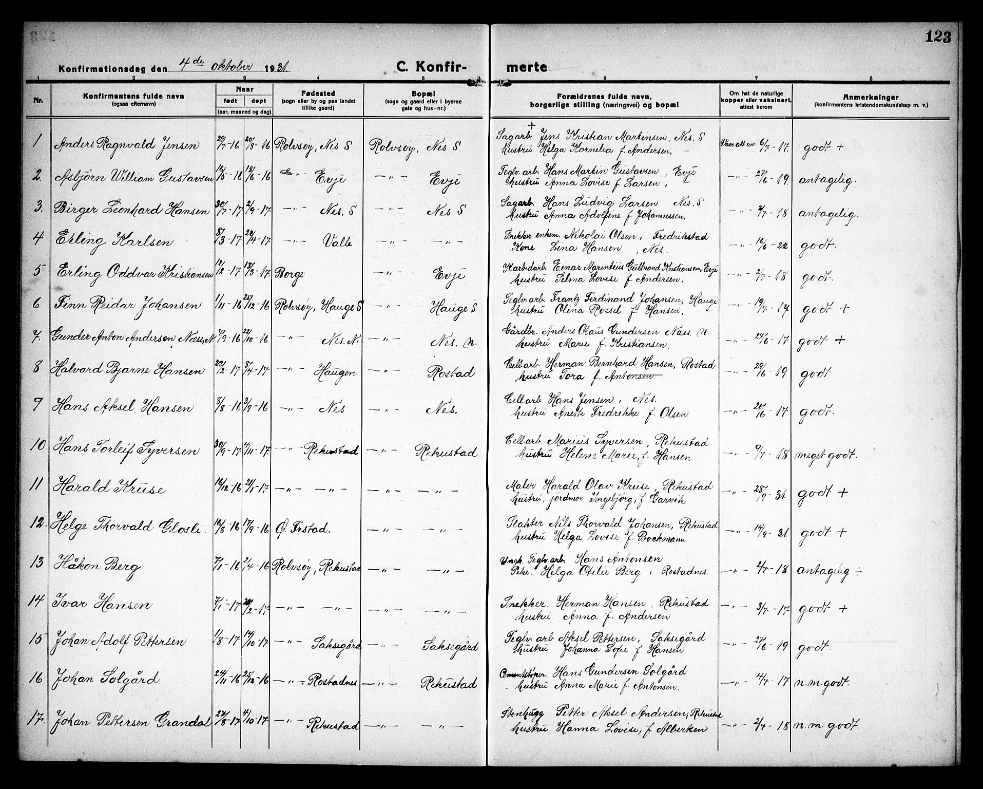 Rolvsøy prestekontor Kirkebøker, AV/SAO-A-2004/G/Ga/L0002: Parish register (copy) no. 2, 1920-1935, p. 123