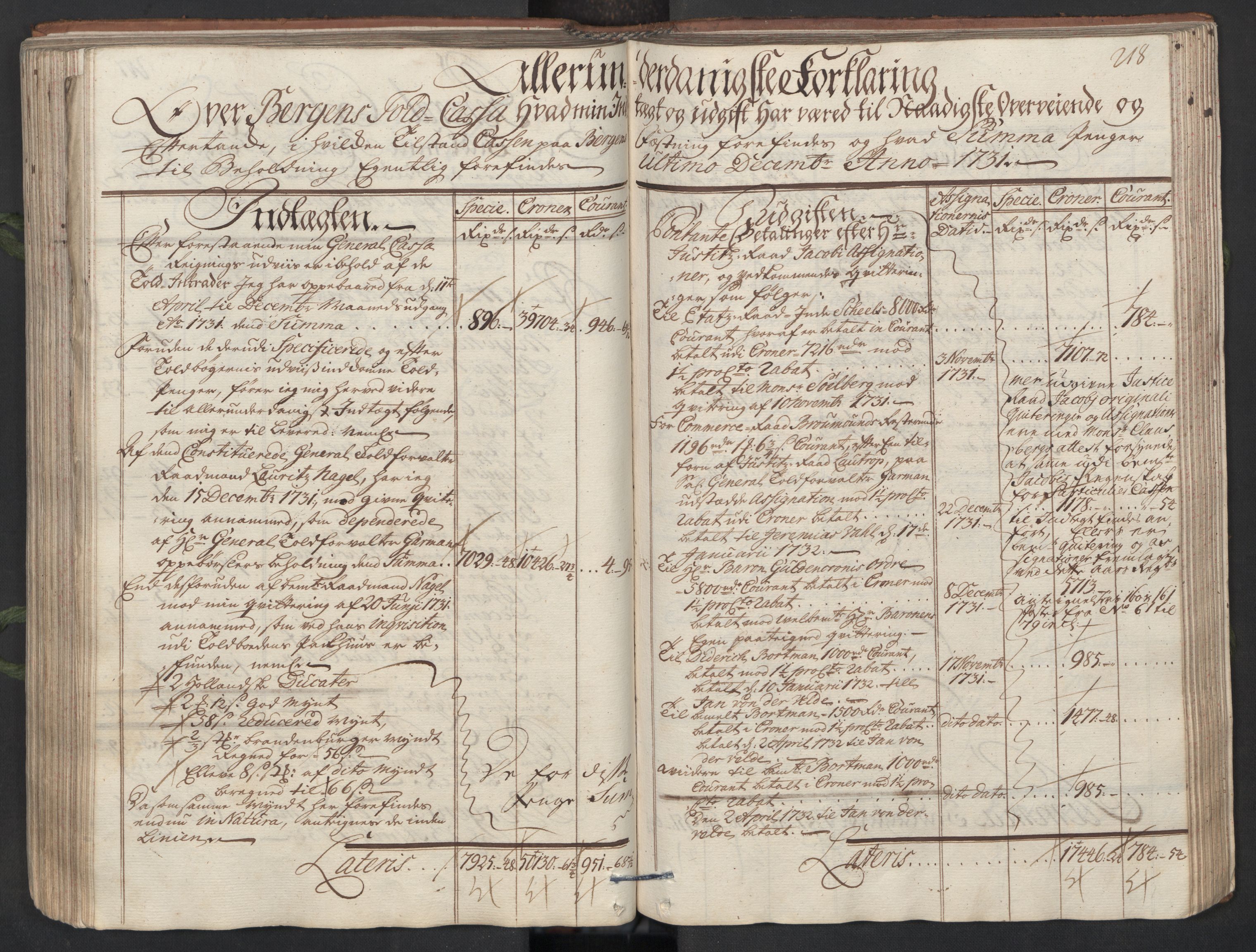 Generaltollkammeret, tollregnskaper, AV/RA-EA-5490/R26/L0017/0001: Tollregnskaper Bergen A / Utgående hovedtollbok, 1731, p. 217b-218a