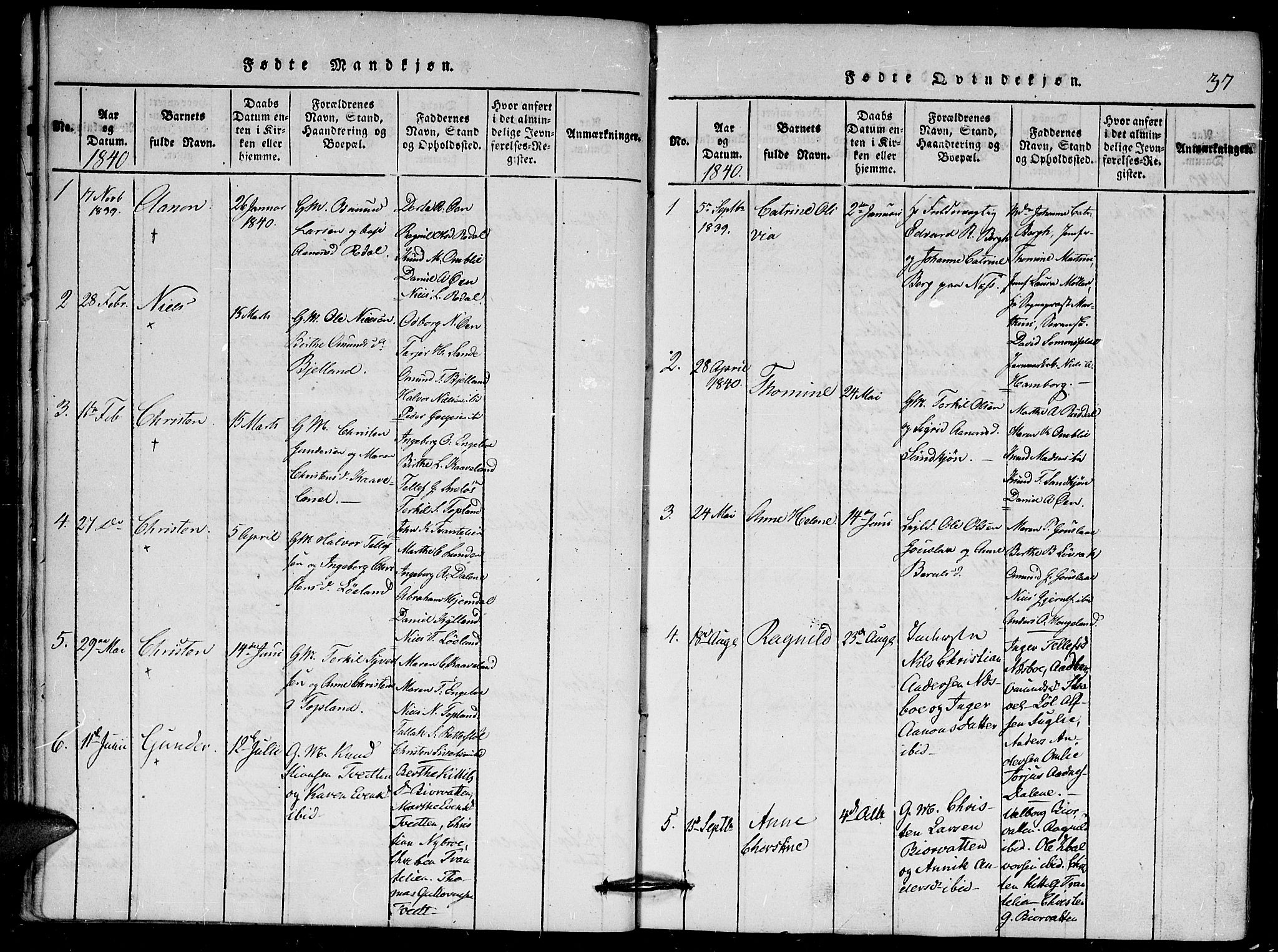 Herefoss sokneprestkontor, AV/SAK-1111-0019/F/Fa/Faa/L0001: Parish register (official) no. A 1, 1816-1860, p. 37