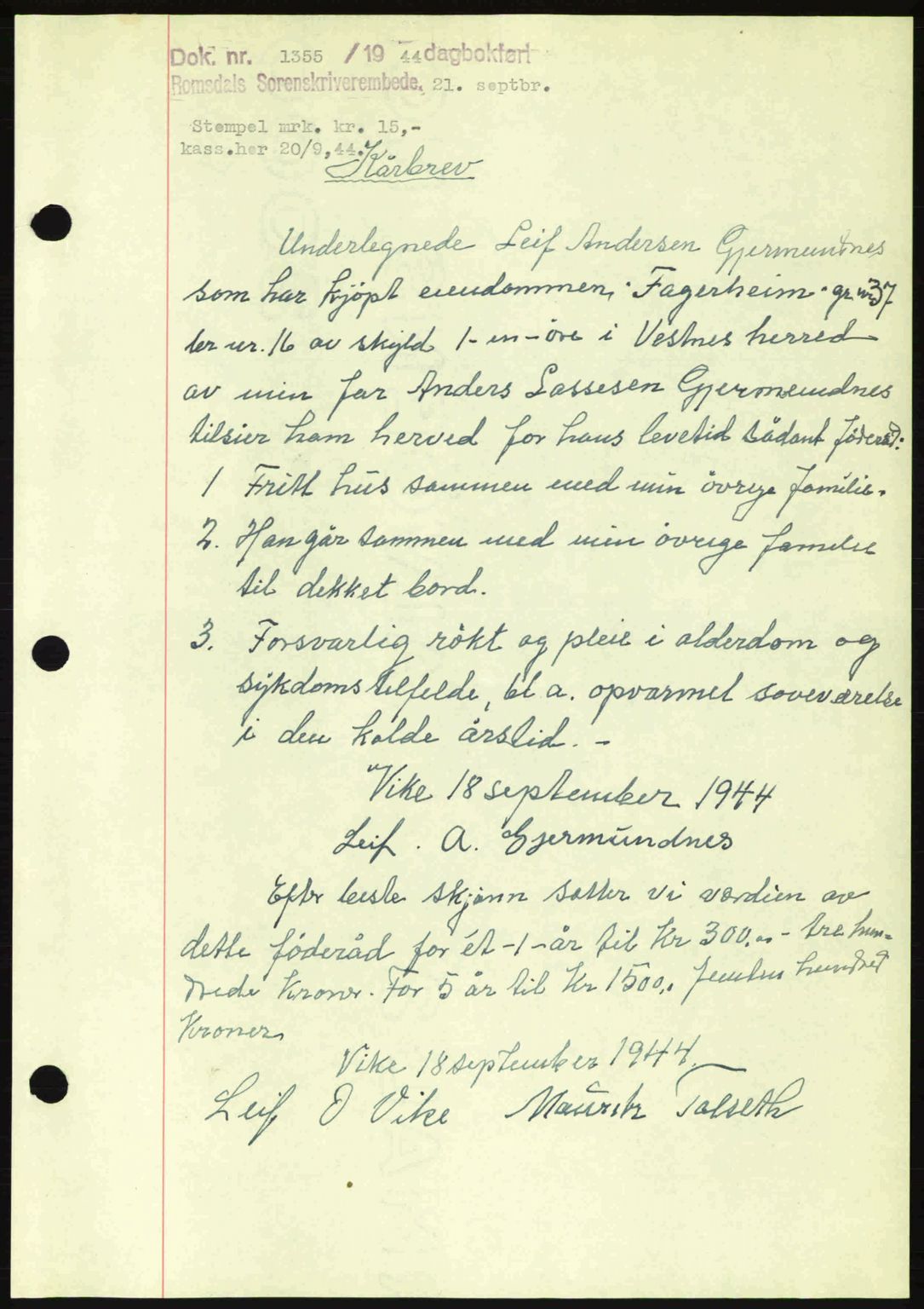 Romsdal sorenskriveri, SAT/A-4149/1/2/2C: Mortgage book no. A16, 1944-1944, Diary no: : 1355/1944