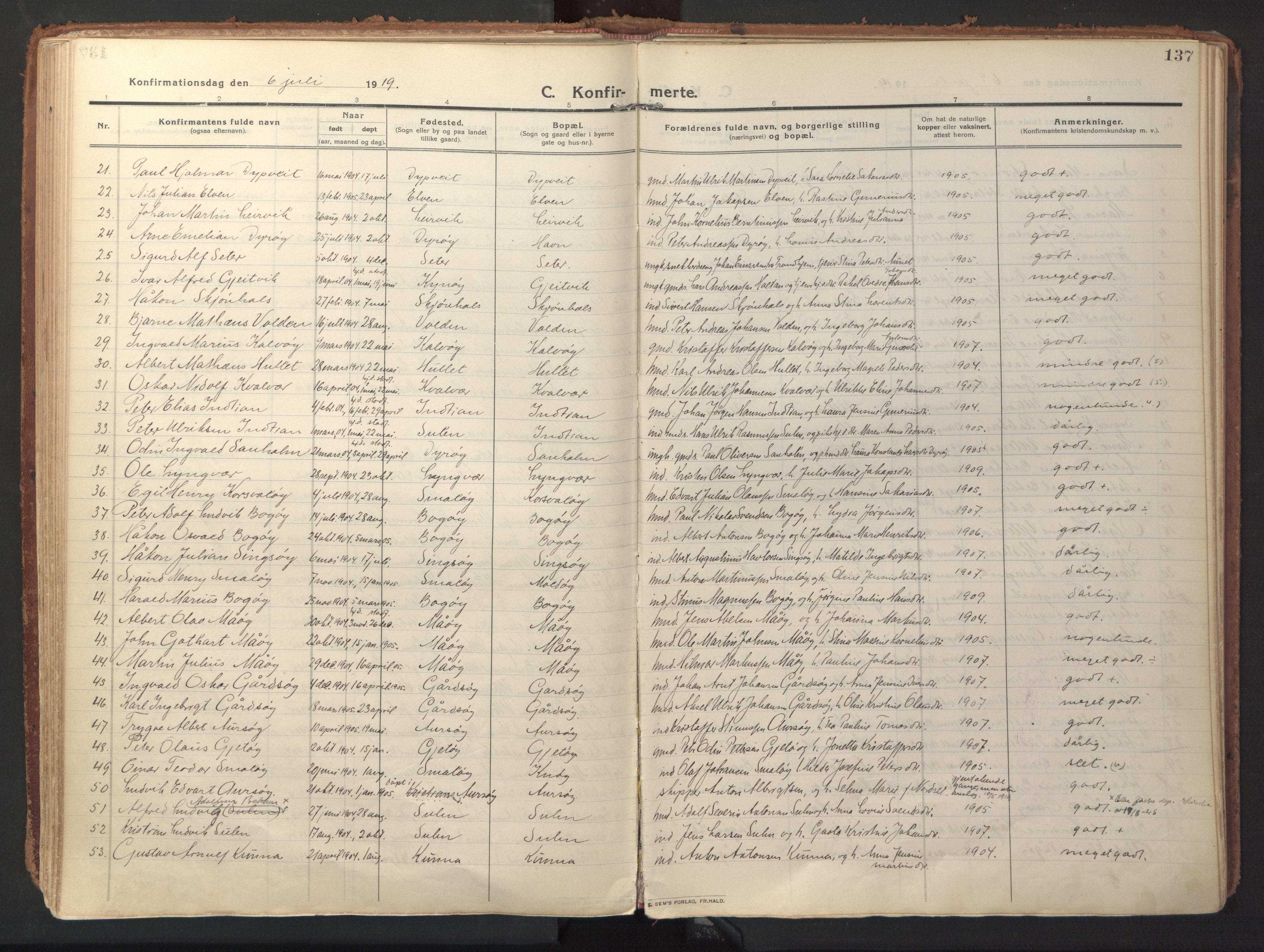 Ministerialprotokoller, klokkerbøker og fødselsregistre - Sør-Trøndelag, SAT/A-1456/640/L0581: Parish register (official) no. 640A06, 1910-1924, p. 137