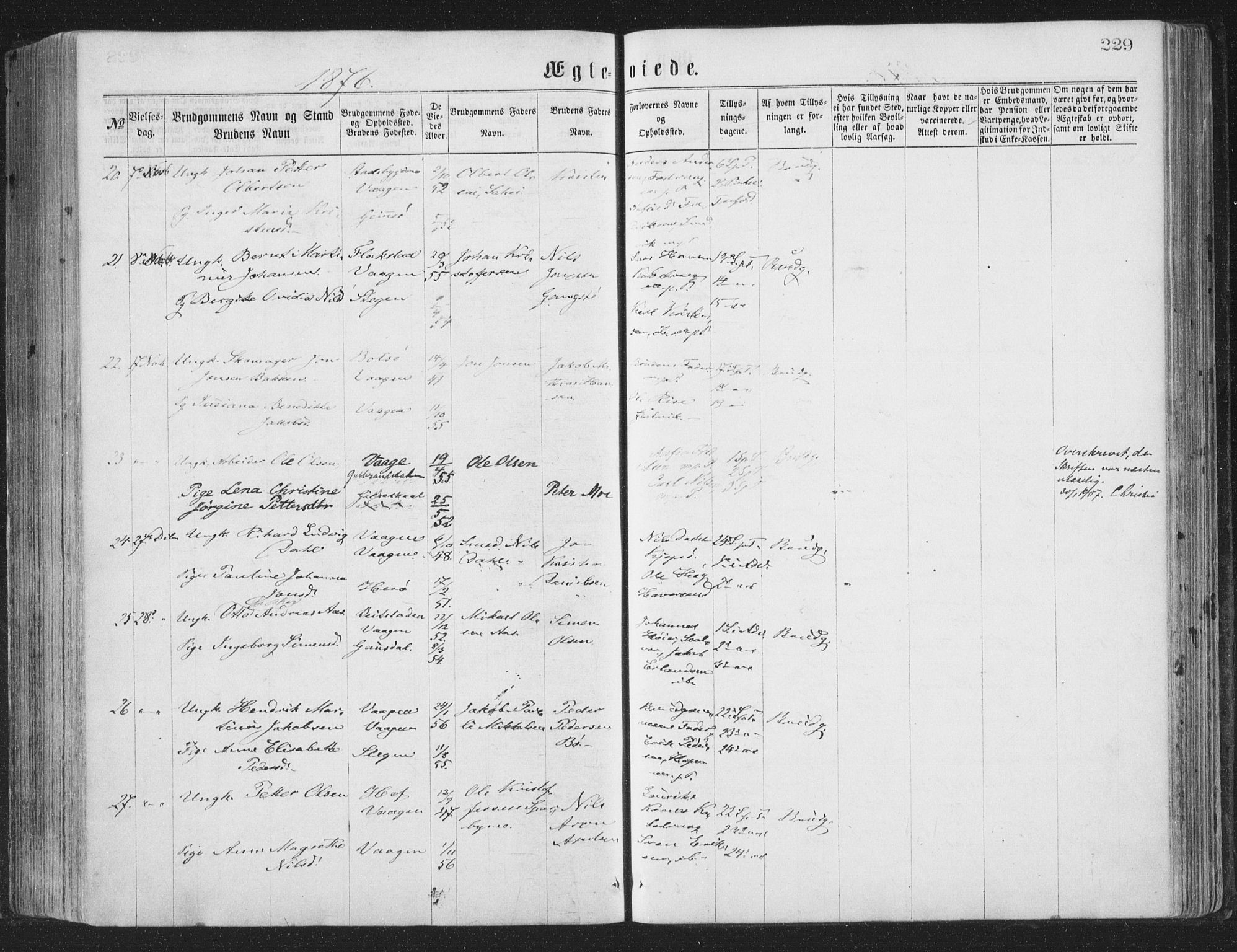 Ministerialprotokoller, klokkerbøker og fødselsregistre - Nordland, AV/SAT-A-1459/874/L1057: Parish register (official) no. 874A01, 1866-1877, p. 229