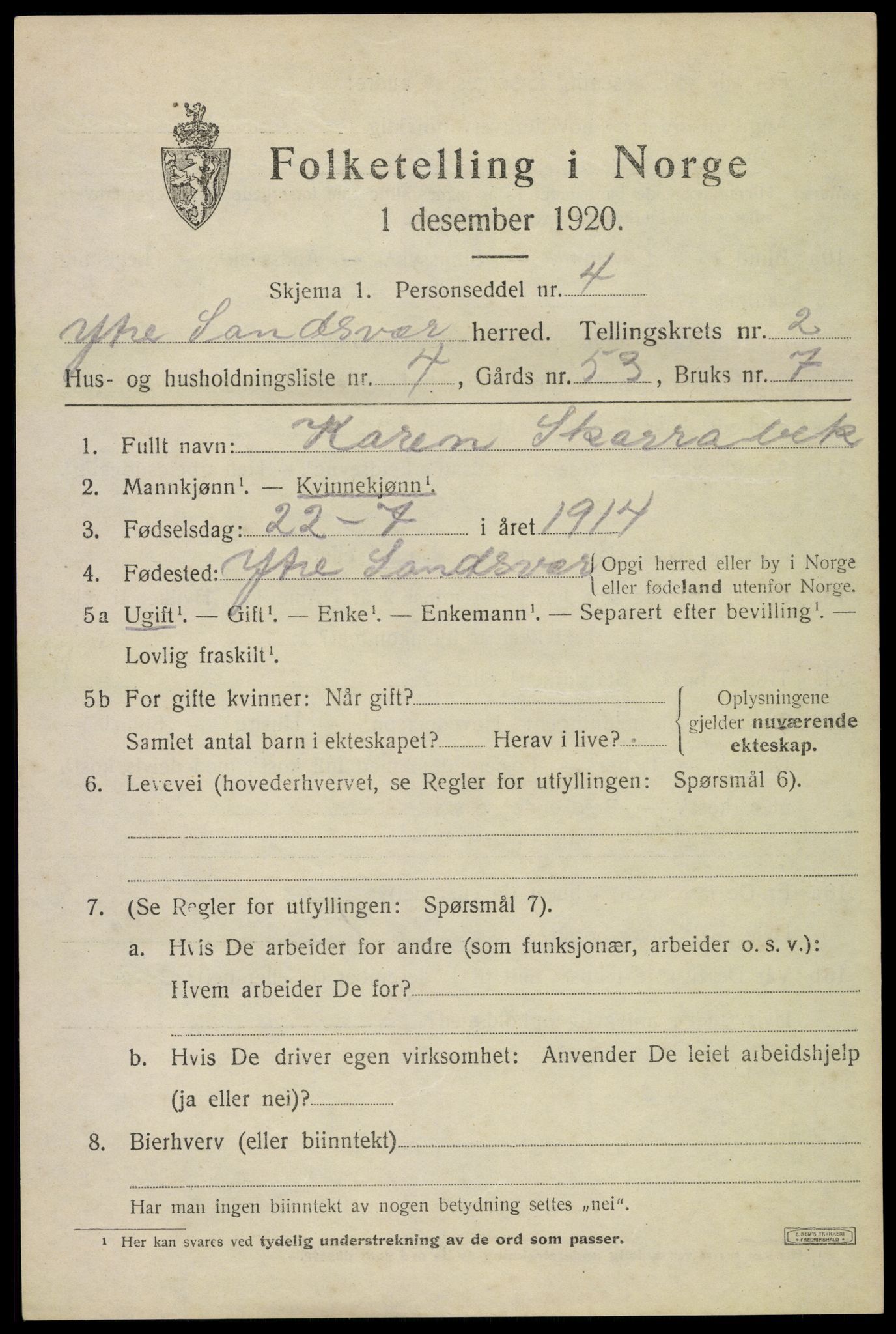 SAKO, 1920 census for Ytre Sandsvær, 1920, p. 2702
