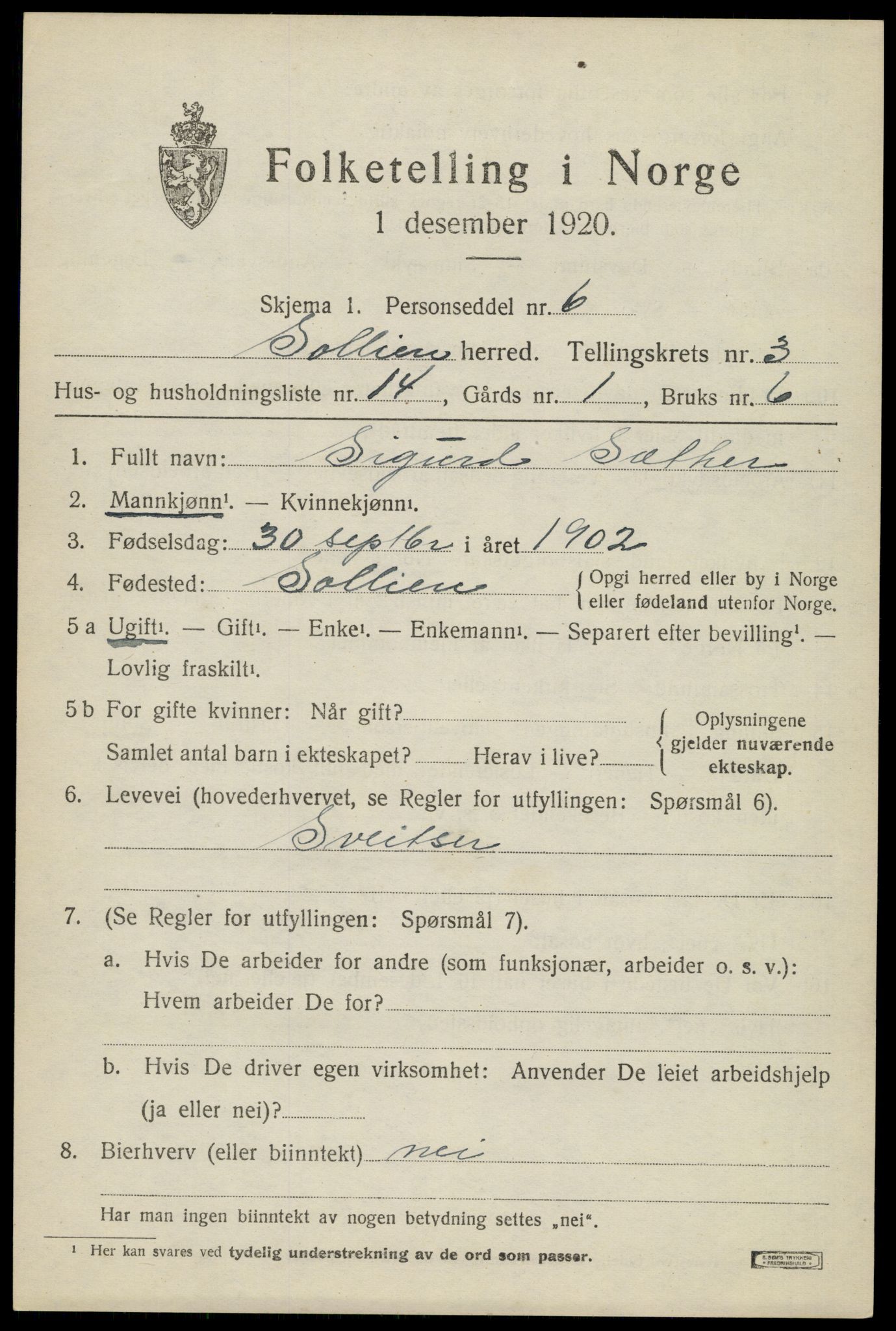 SAH, 1920 census for Sollia, 1920, p. 823