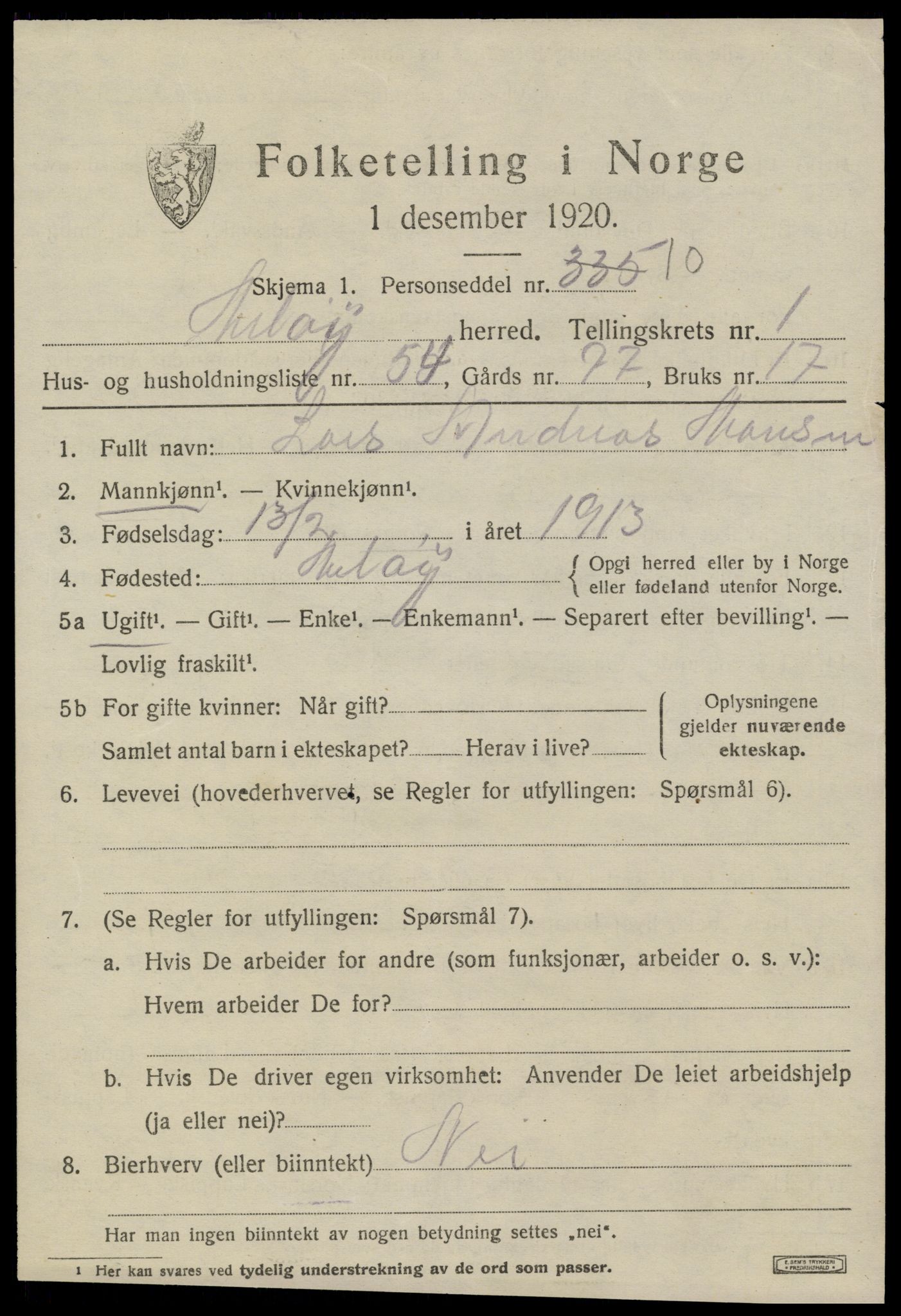 SAT, 1920 census for Meløy, 1920, p. 2125