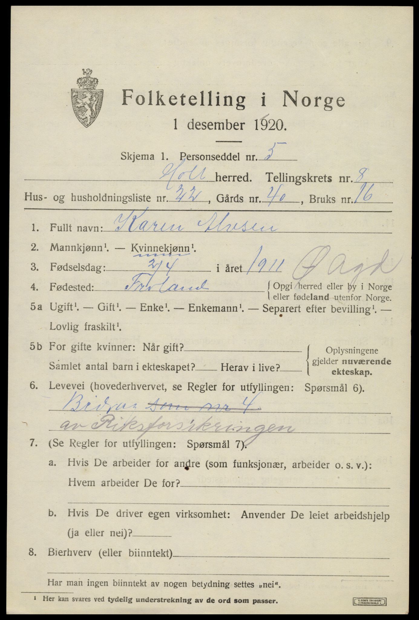 SAK, 1920 census for Holt, 1920, p. 5190