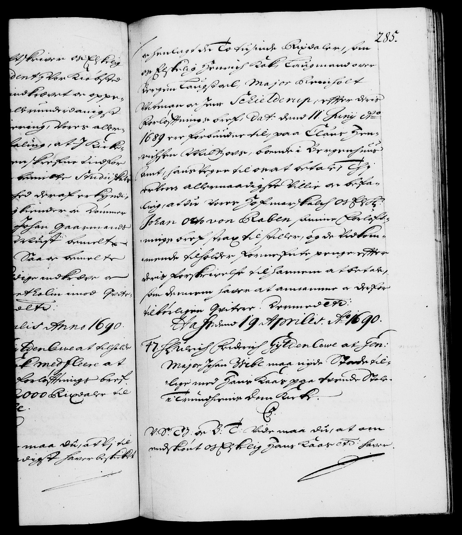 Danske Kanselli 1572-1799, AV/RA-EA-3023/F/Fc/Fca/Fcab/L0014: Norske tegnelser (mikrofilm), 1688-1691, p. 285a