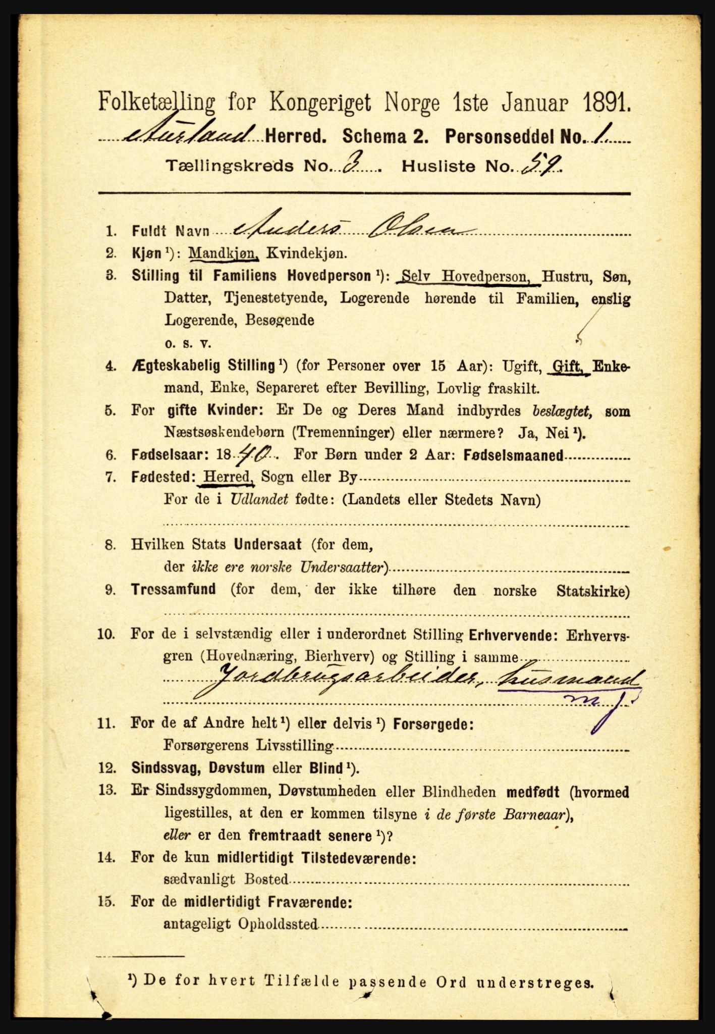 RA, 1891 census for 1421 Aurland, 1891, p. 1253