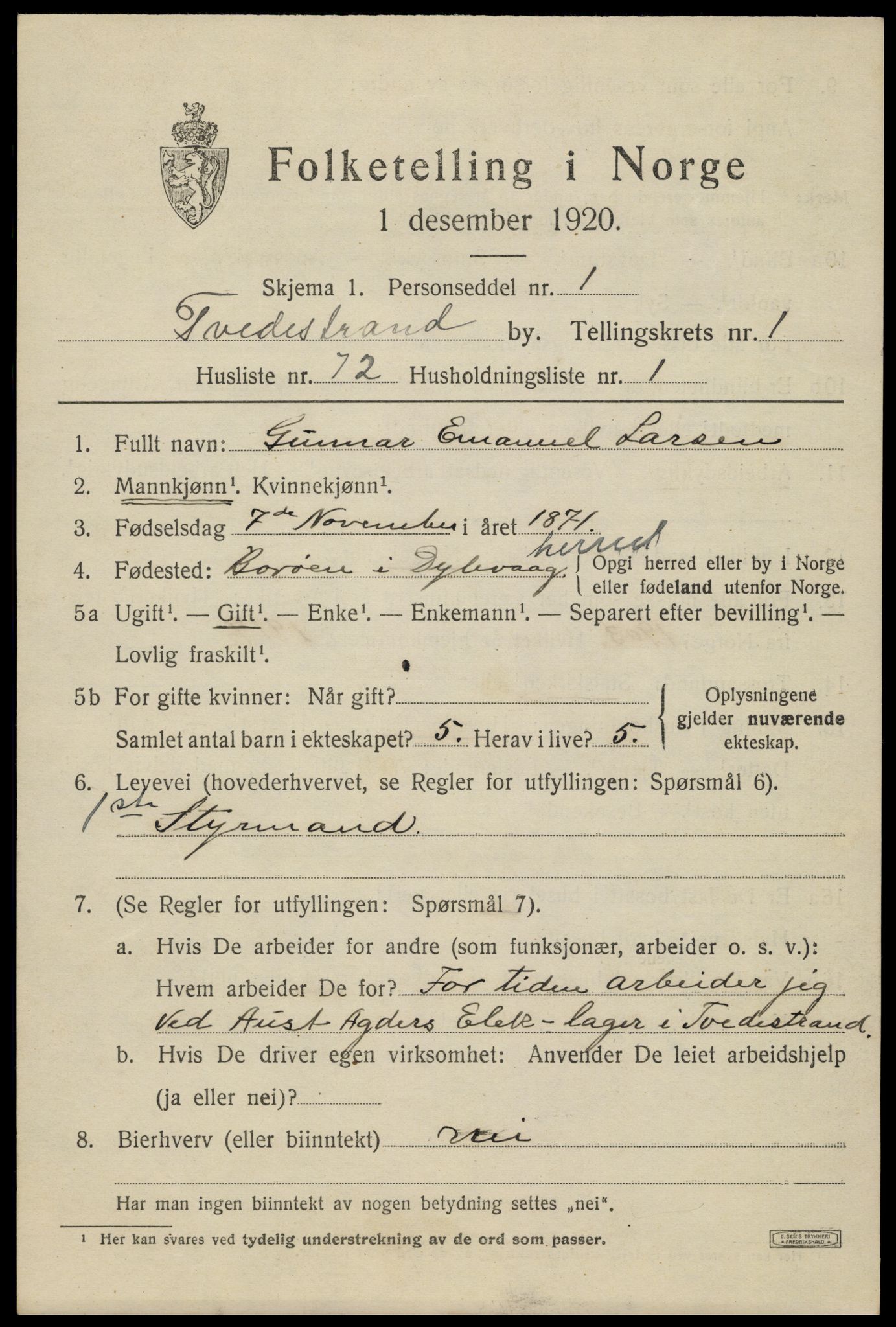 SAK, 1920 census for Tvedestrand, 1920, p. 2133