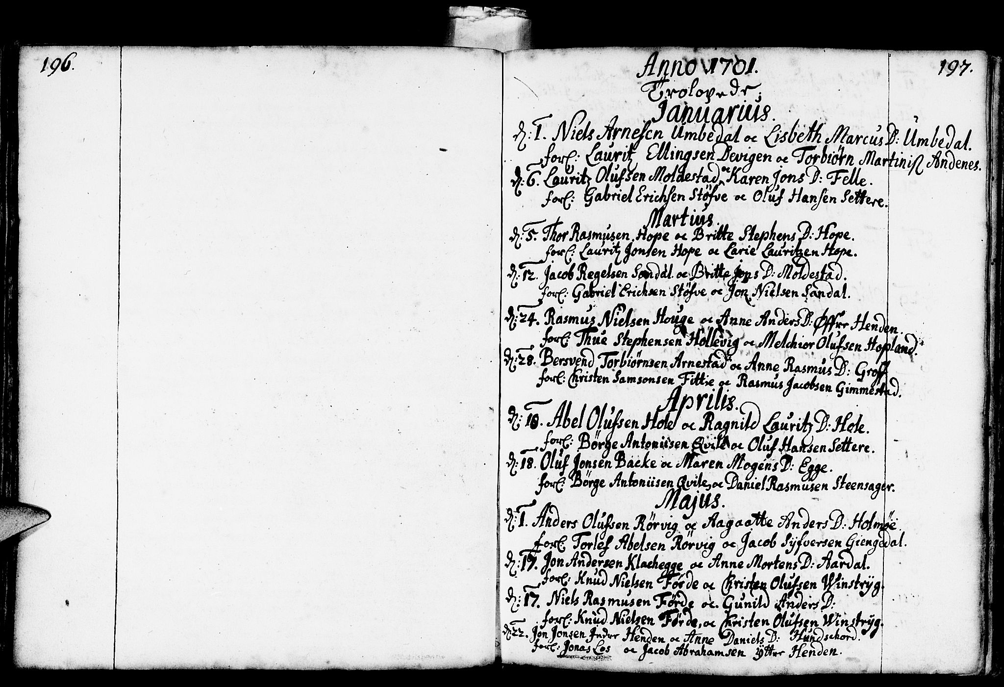 Gloppen sokneprestembete, AV/SAB-A-80101/H/Haa/Haaa/L0001: Parish register (official) no. A 1, 1686-1711, p. 196-197