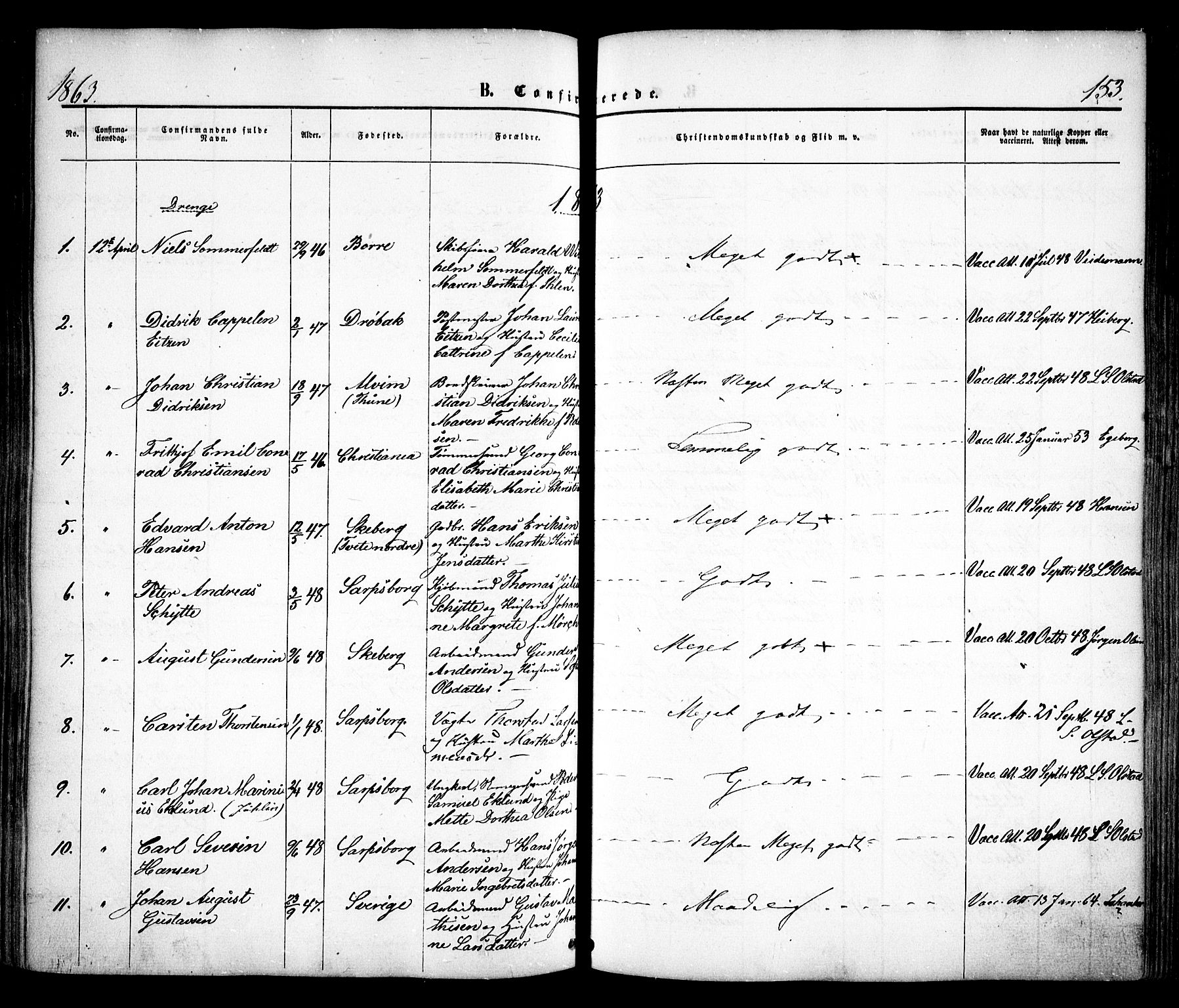 Sarpsborg prestekontor Kirkebøker, SAO/A-2006/F/Fa/L0001: Parish register (official) no. 1, 1859-1868, p. 153