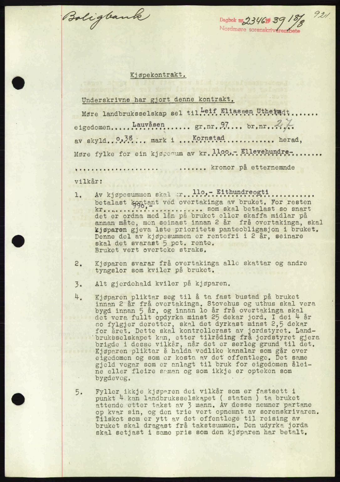 Nordmøre sorenskriveri, AV/SAT-A-4132/1/2/2Ca: Mortgage book no. B85, 1939-1939, Diary no: : 2346/1939