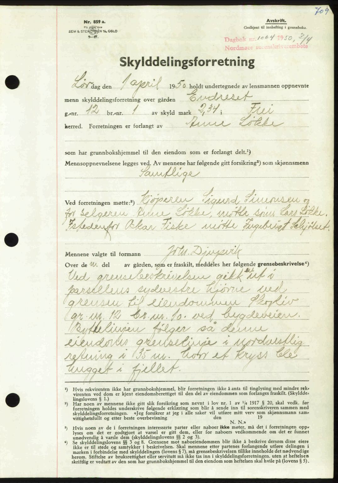 Nordmøre sorenskriveri, AV/SAT-A-4132/1/2/2Ca: Mortgage book no. A114, 1950-1950, Diary no: : 1064/1950