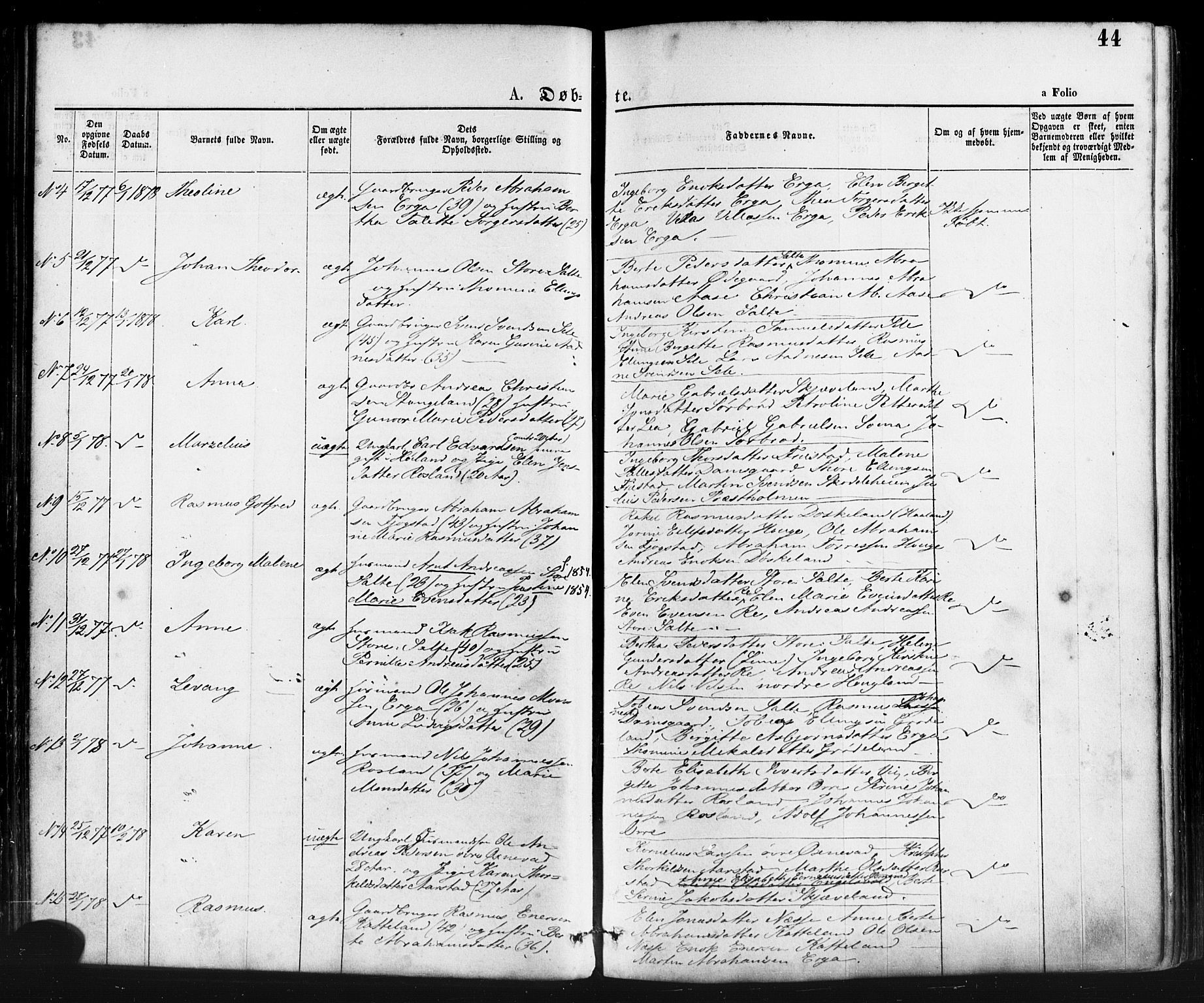 Klepp sokneprestkontor, AV/SAST-A-101803/001/3/30BA/L0006: Parish register (official) no. A 6, 1871-1885, p. 44