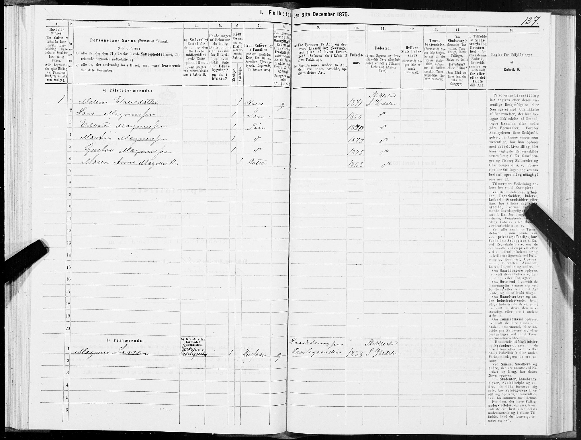 SAT, 1875 census for 1721P Verdal, 1875, p. 4137