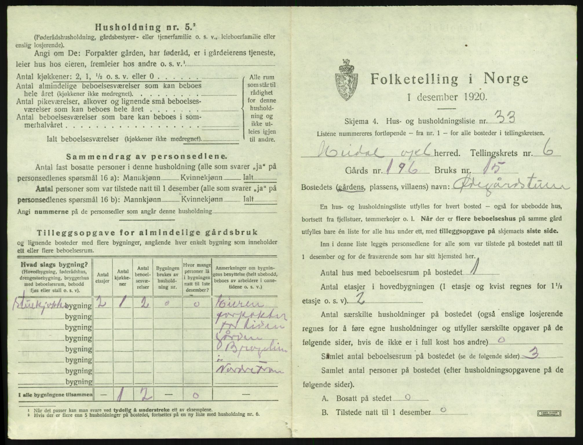 SAH, 1920 census for Heidal, 1920, p. 492