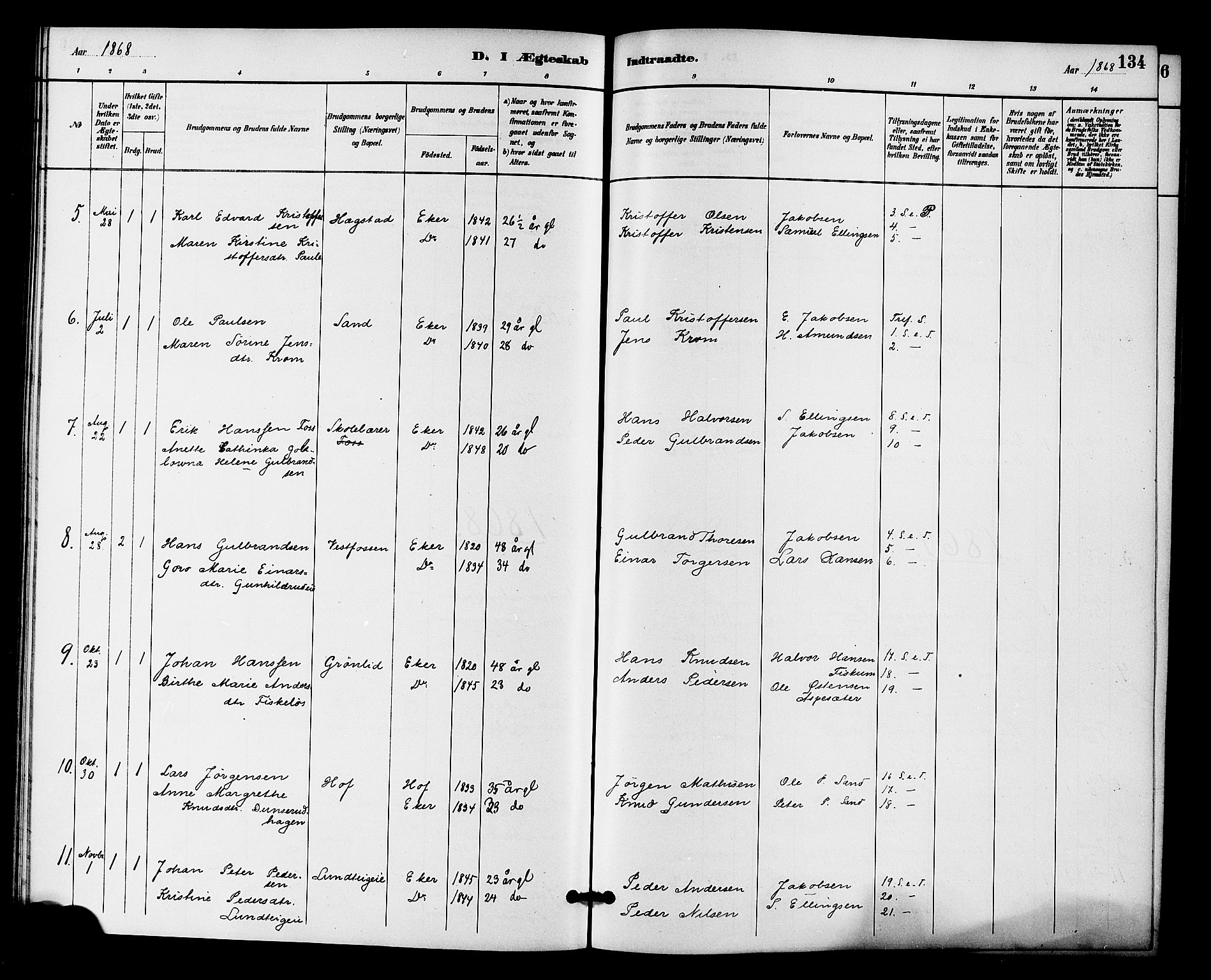 Fiskum kirkebøker, AV/SAKO-A-15/F/Fa/L0001: Parish register (official) no. 1, 1858-1877, p. 134