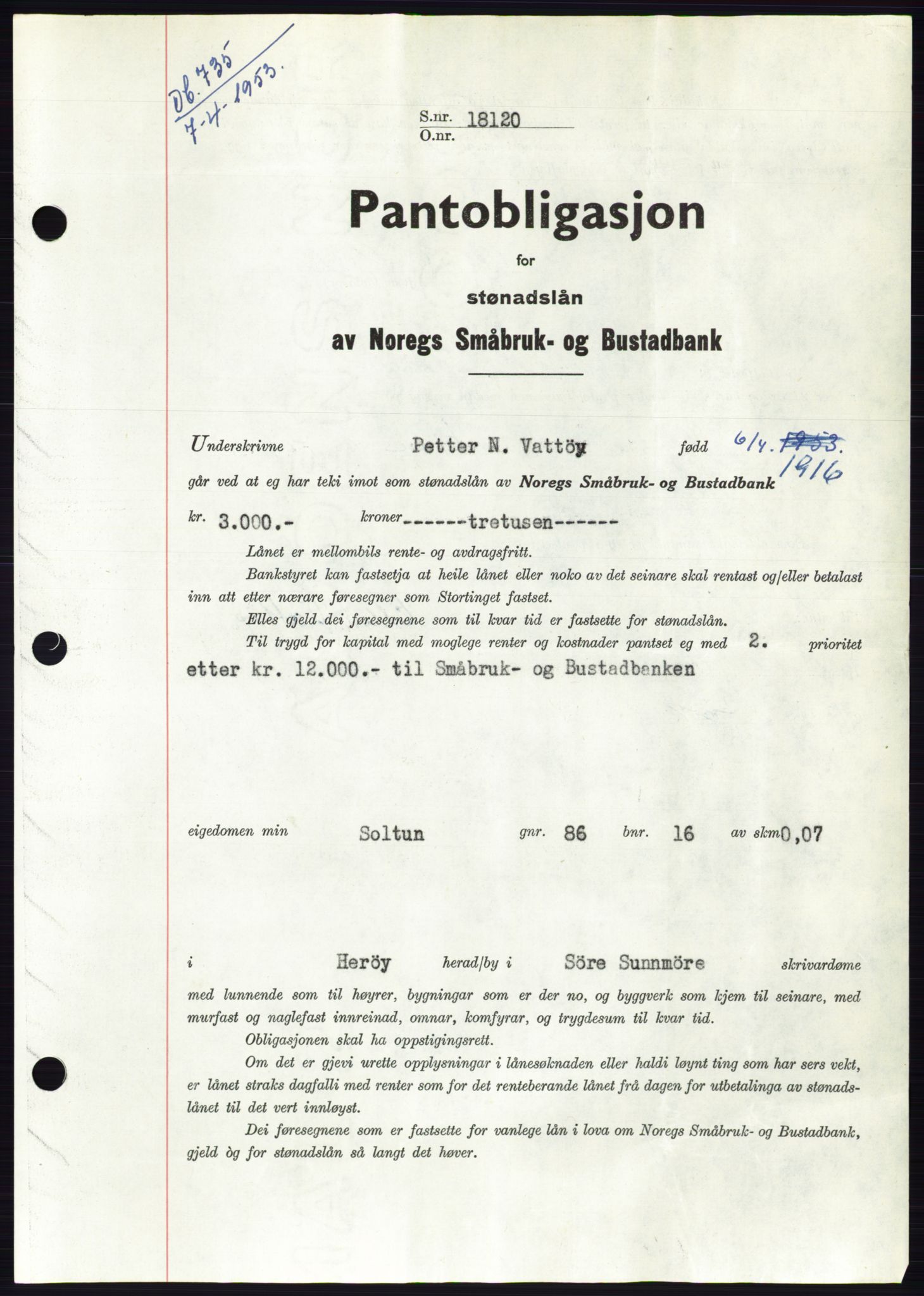 Søre Sunnmøre sorenskriveri, AV/SAT-A-4122/1/2/2C/L0123: Mortgage book no. 11B, 1953-1953, Diary no: : 735/1953