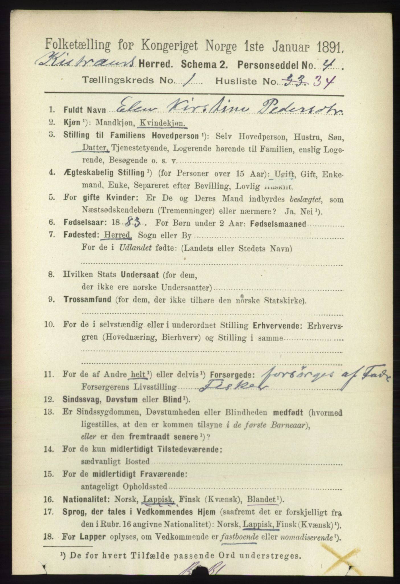 RA, 1891 census for 2020 Kistrand, 1891, p. 292