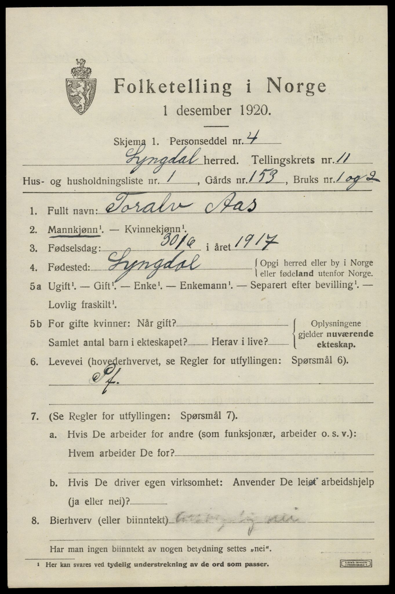 SAK, 1920 census for Lyngdal, 1920, p. 5291