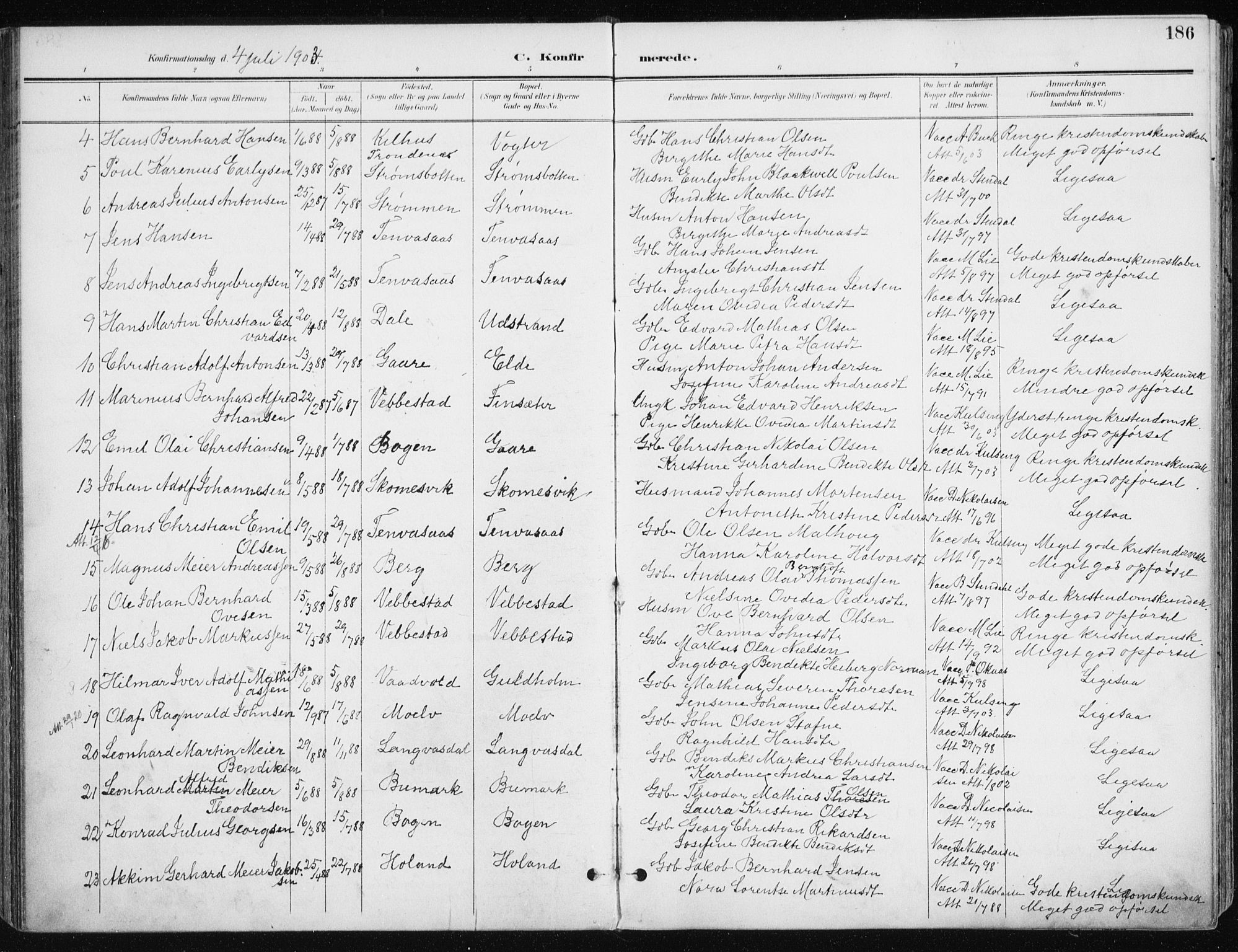 Kvæfjord sokneprestkontor, AV/SATØ-S-1323/G/Ga/Gaa/L0006kirke: Parish register (official) no. 6, 1895-1914, p. 186